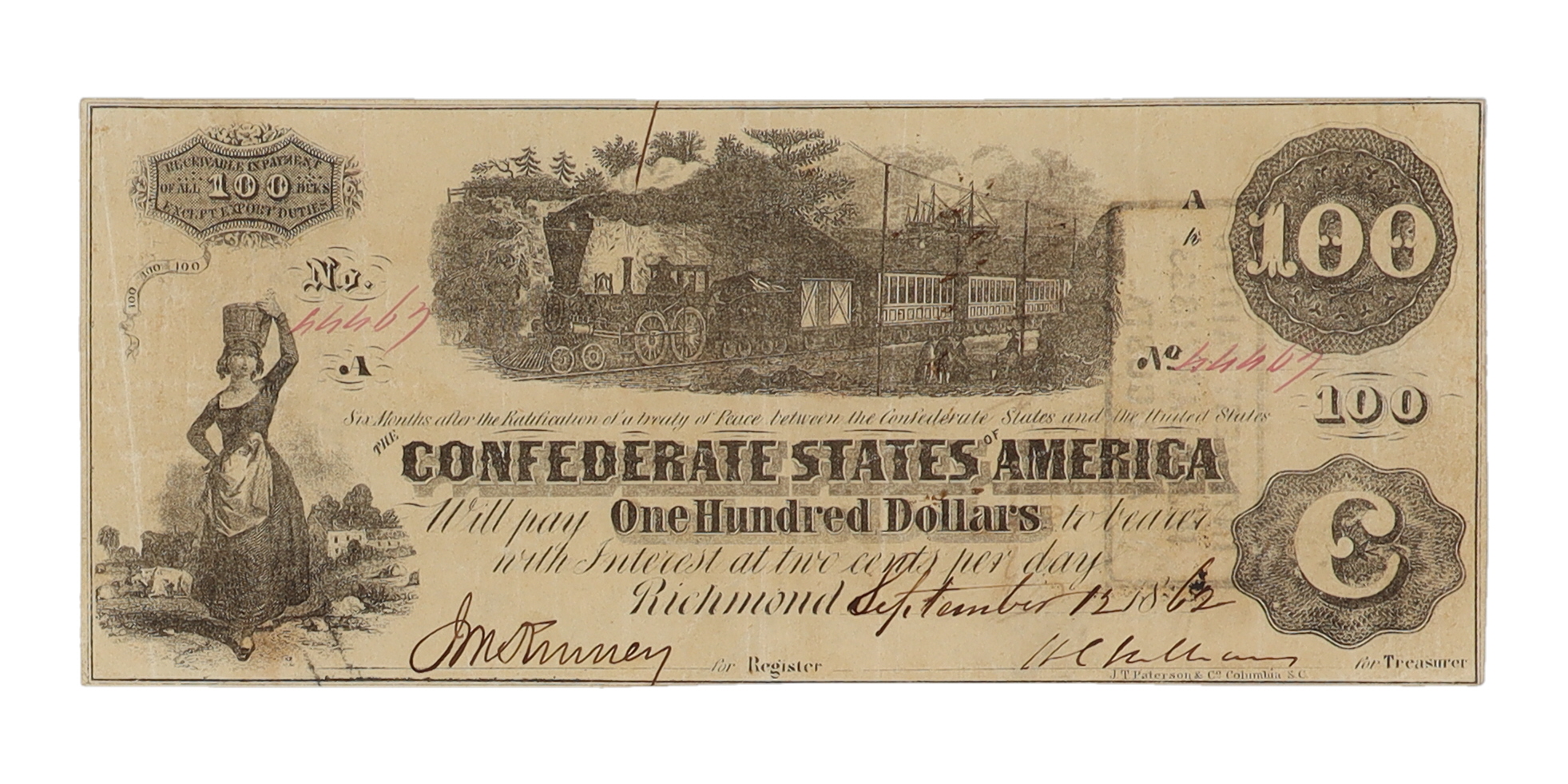 1862 Confederate States of America $100 One Hundred Dollar Bank Note at PristineAuction.com 1862 Confederate States of America $100 One Hundred Dollar Bank Note at PristineAuction.com