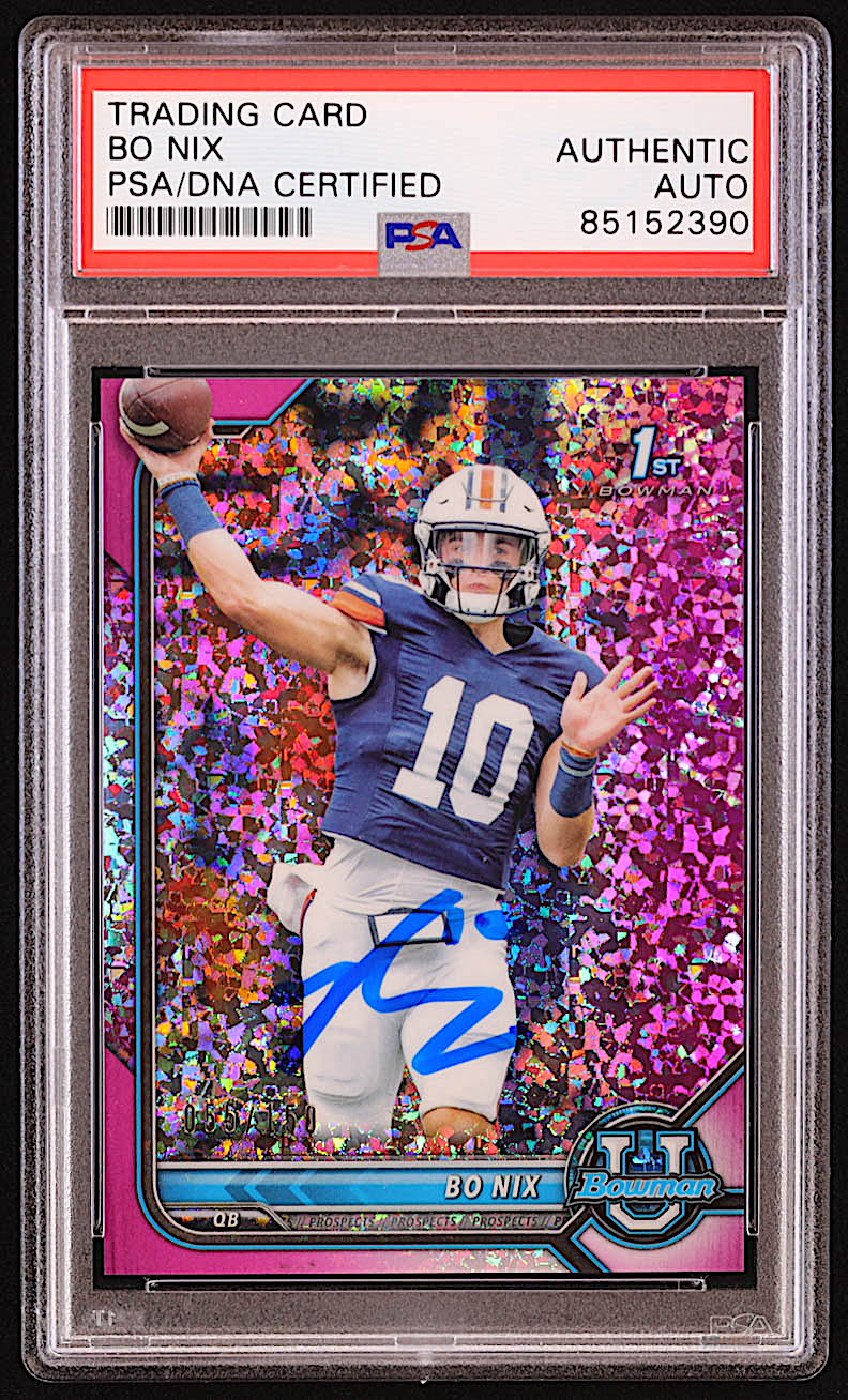 Bo Nix Signed 2022 Bowman University Chrome Fuchsia Mini Diamond Refractors #8 RC #055/150 (PSA) at PristineAuction.com Bo Nix Signed 2022 Bowman University Chrome Fuchsia Mini Diamond Refractors #8 RC #055/150 (PSA) at PristineAuction.com