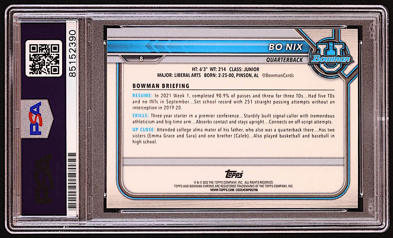 Bo Nix Signed 2022 Bowman University Chrome Fuchsia Mini Diamond Refractors #8 RC #055/150 (PSA) at PristineAuction.com Bo Nix Signed 2022 Bowman University Chrome Fuchsia Mini Diamond Refractors #8 RC #055/150 (PSA) at PristineAuction.com