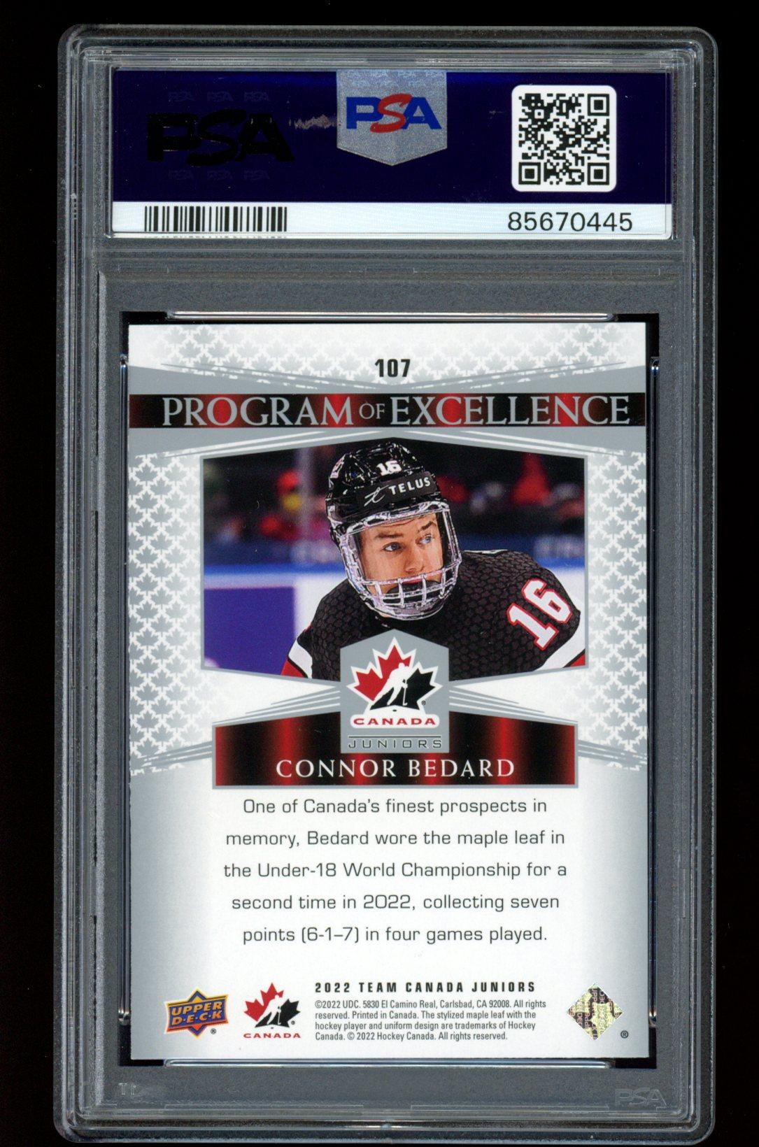 Connor Bedard 2022-23 Upper Deck Team Canada Juniors #107 (PSA 10) at PristineAuction.com Connor Bedard 2022-23 Upper Deck Team Canada Juniors #107 (PSA 10) at PristineAuction.com