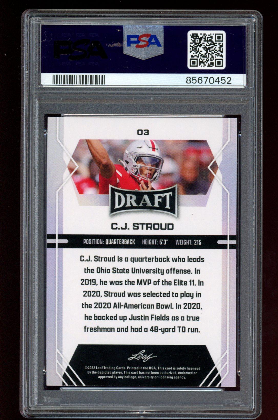 CJ Stroud 2022 Leaf Draft Retail Blue #3 (PSA 10) at PristineAuction.com CJ Stroud 2022 Leaf Draft Retail Blue #3 (PSA 10) at PristineAuction.com