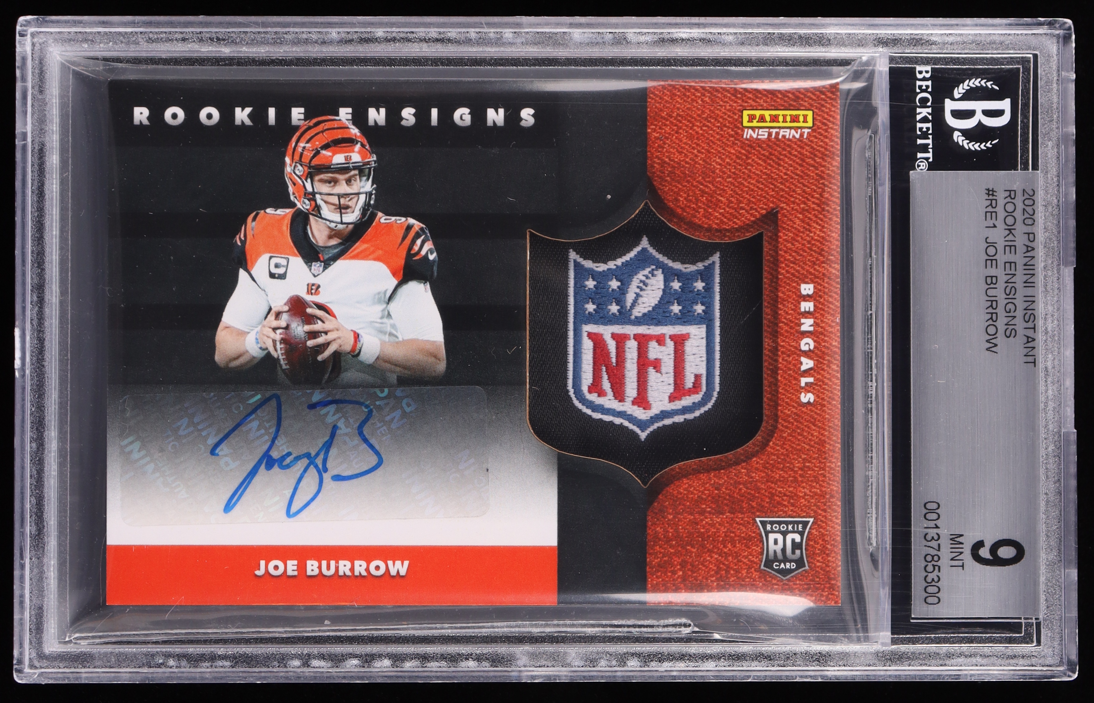 Joe Burrow 2020 Panini Instant Rookie Ensigns Patch Autographs #RE1 #1/1 RC (BGS 9 | Autograph Graded 10) at PristineAuction.com Joe Burrow 2020 Panini Instant Rookie Ensigns Patch Autographs #RE1 #1/1 RC (BGS 9 | Autograph Graded 10) at PristineAuction.com