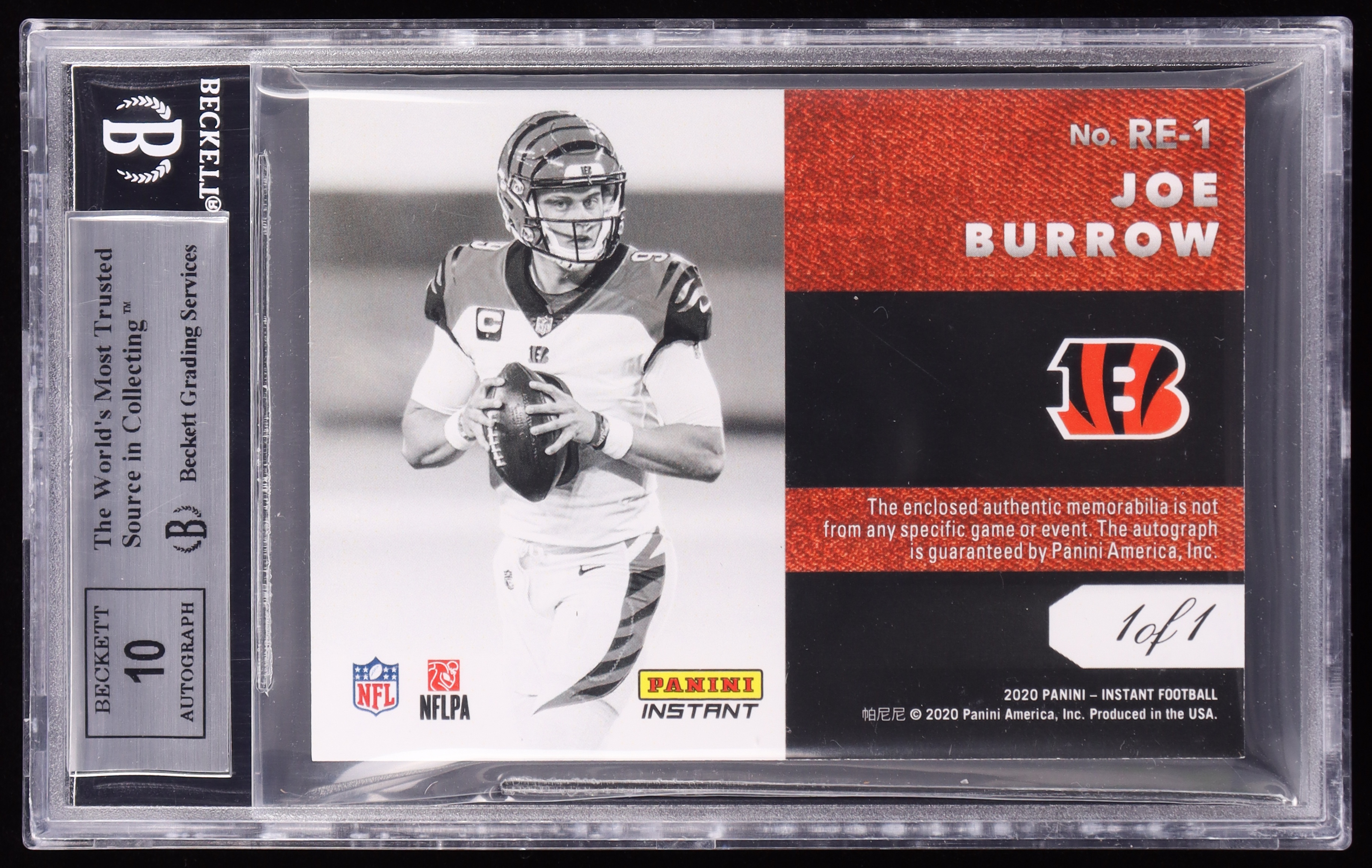 Joe Burrow 2020 Panini Instant Rookie Ensigns Patch Autographs #RE1 #1/1 RC (BGS 9 | Autograph Graded 10) at PristineAuction.com Joe Burrow 2020 Panini Instant Rookie Ensigns Patch Autographs #RE1 #1/1 RC (BGS 9 | Autograph Graded 10) at PristineAuction.com