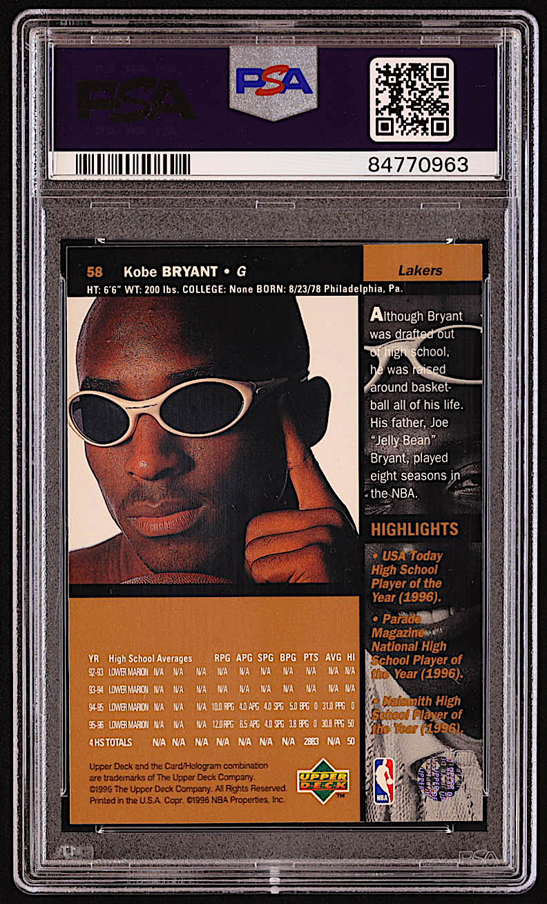 Kobe Bryant 1996-97 Upper Deck #58 RC (PSA 9) at PristineAuction.com Kobe Bryant 1996-97 Upper Deck #58 RC (PSA 9) at PristineAuction.com