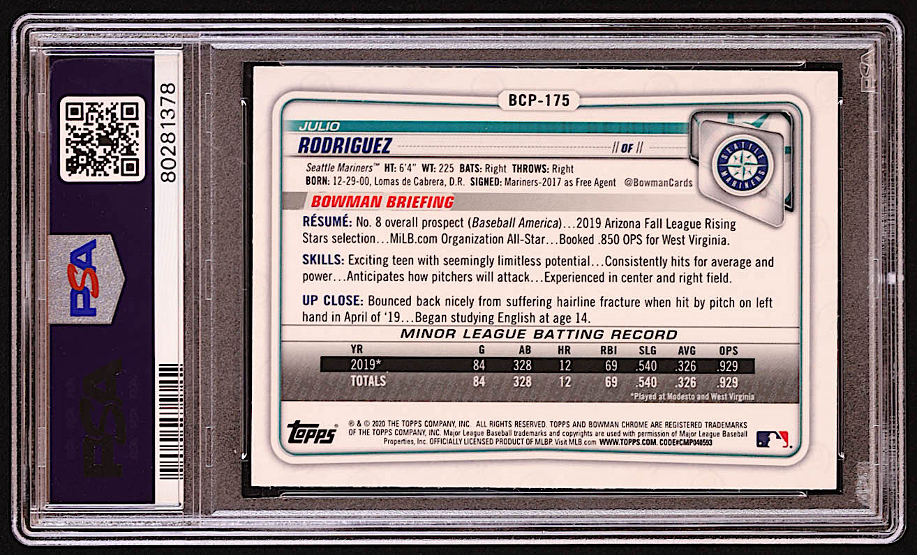 Julio Rodriguez 2020 Bowman Chrome Mega Box Prospects Refractors #BCP175 RC (PSA 10) at PristineAuction.com Julio Rodriguez 2020 Bowman Chrome Mega Box Prospects Refractors #BCP175 RC (PSA 10) at PristineAuction.com