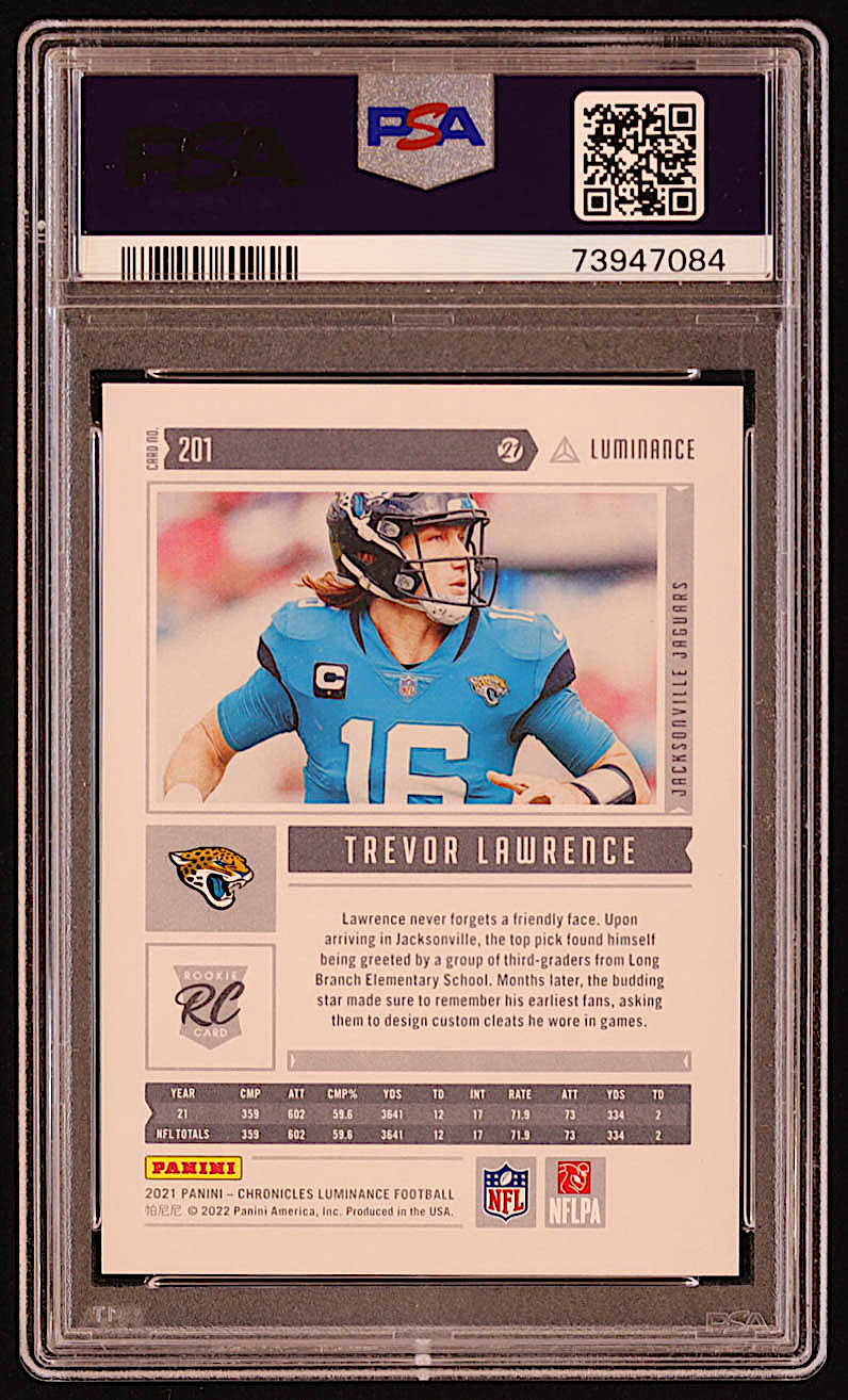 Trevor Lawrence 2021 Panini Chronicles Luminance Update Rookies #201 RC (PSA 10) at PristineAuction.com Trevor Lawrence 2021 Panini Chronicles Luminance Update Rookies #201 RC (PSA 10) at PristineAuction.com