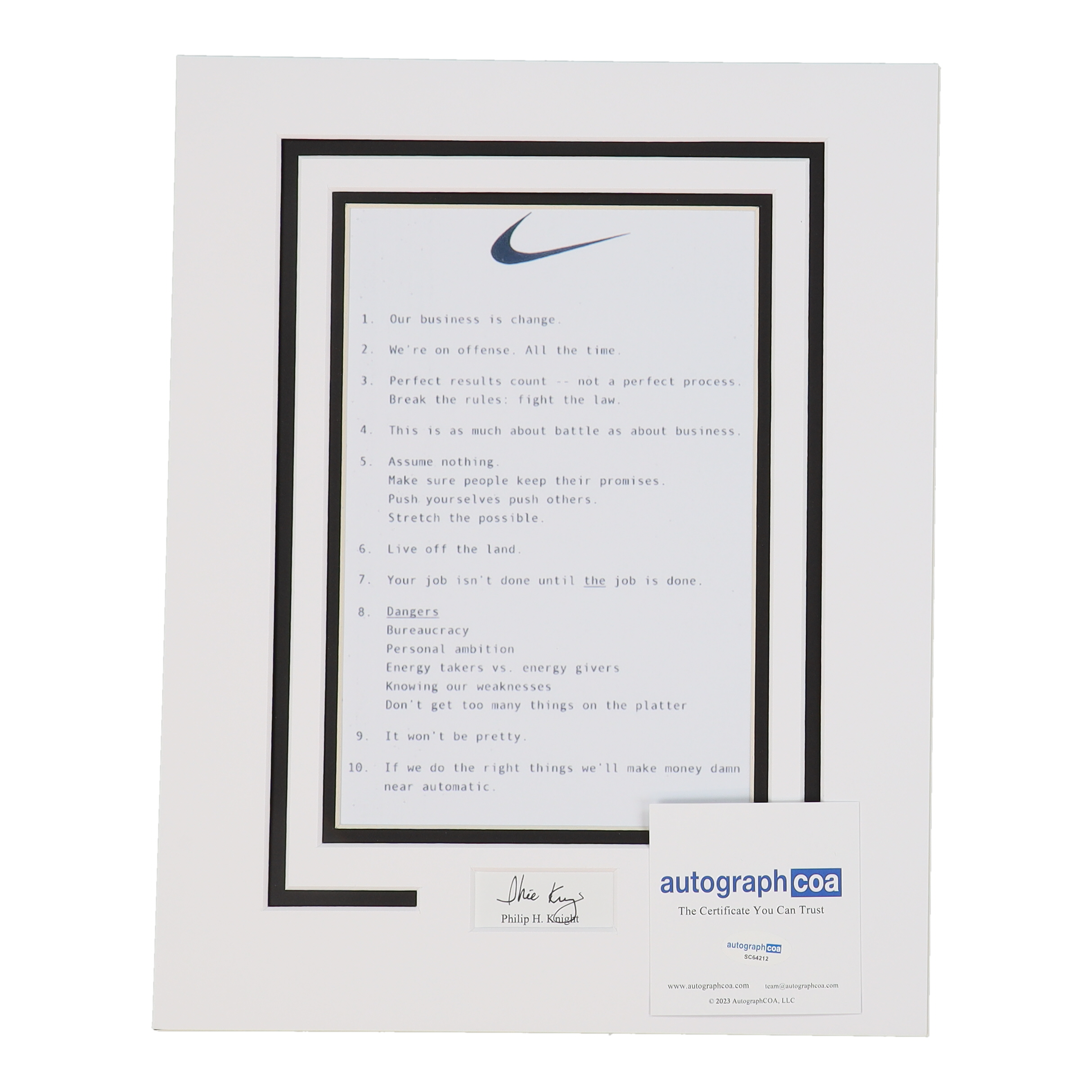 Phil Knight Signed Nike Custom Matted Cut Display (ACOA) at PristineAuction.com Phil Knight Signed Nike Custom Matted Cut Display (ACOA) at PristineAuction.com