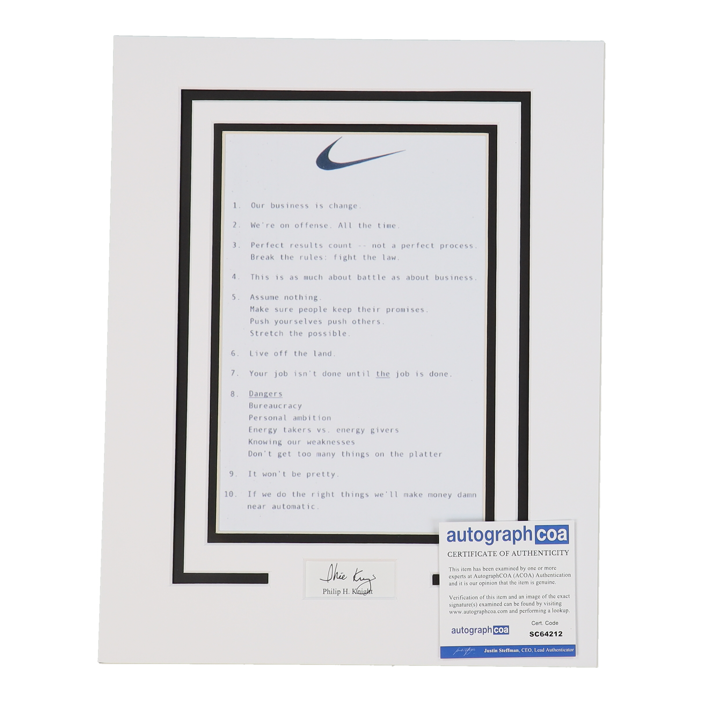 Phil Knight Signed Nike Custom Matted Cut Display (ACOA) at PristineAuction.com Phil Knight Signed Nike Custom Matted Cut Display (ACOA) at PristineAuction.com