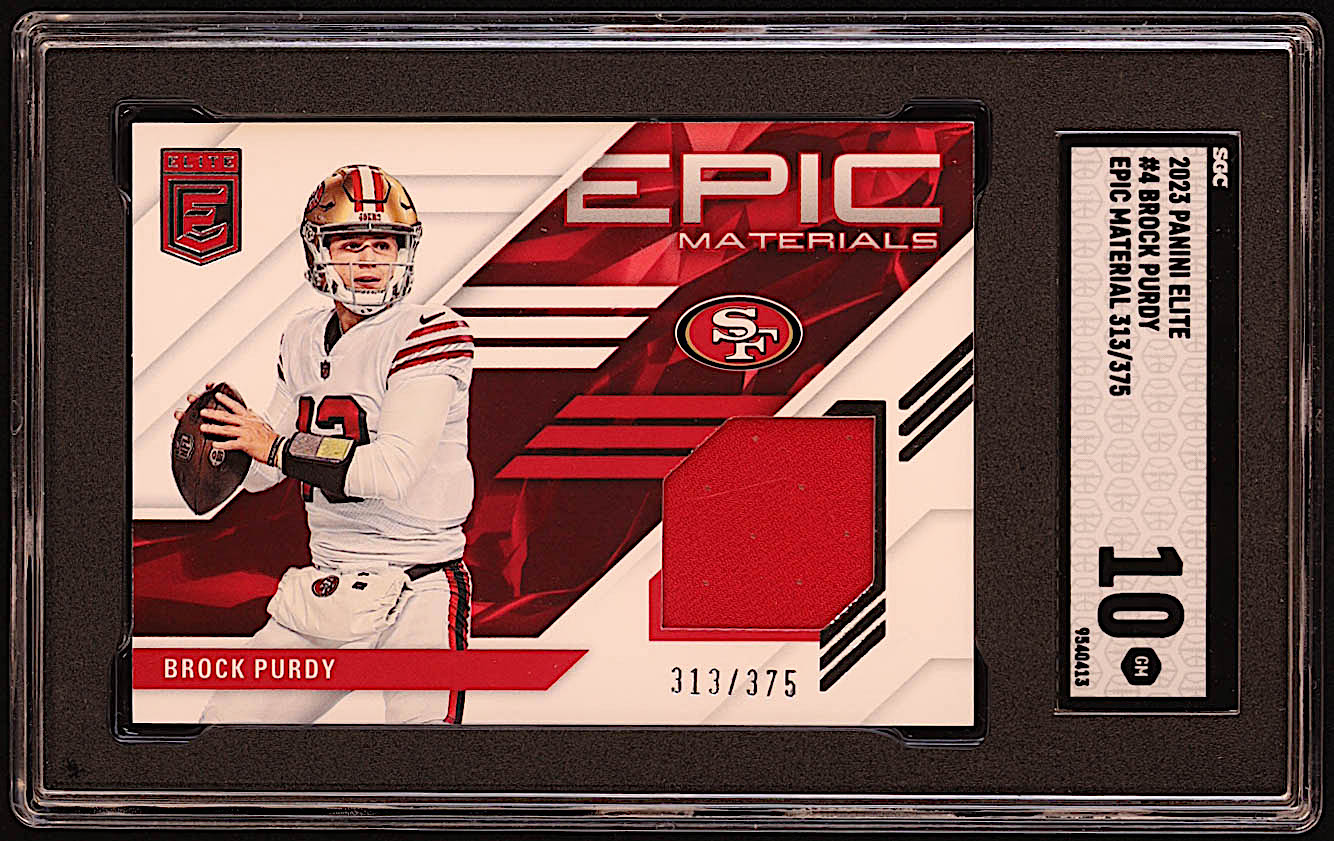 Brock Purdy 2023 Elite Epic Materials #4 #313/375 (SGC 10) at PristineAuction.com Brock Purdy 2023 Elite Epic Materials #4 #313/375 (SGC 10) at PristineAuction.com