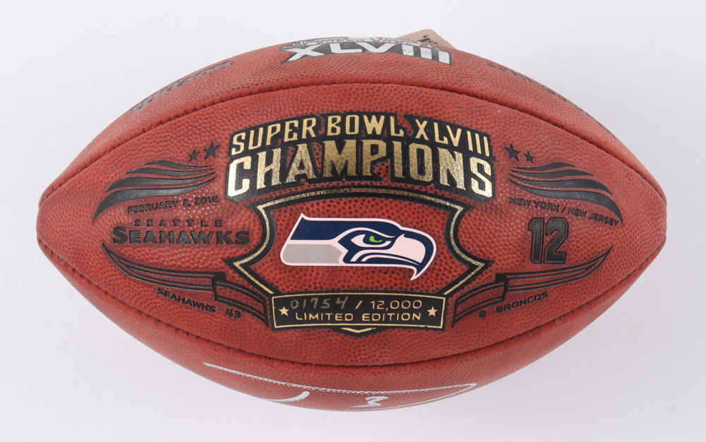 Russell Wilson Signed LE "The Duke" Super Bowl XLVIII Logo NFL Football (Beckett) at PristineAuction.com Russell Wilson Signed LE "The Duke" Super Bowl XLVIII Logo NFL Football (Beckett) at PristineAuction.com