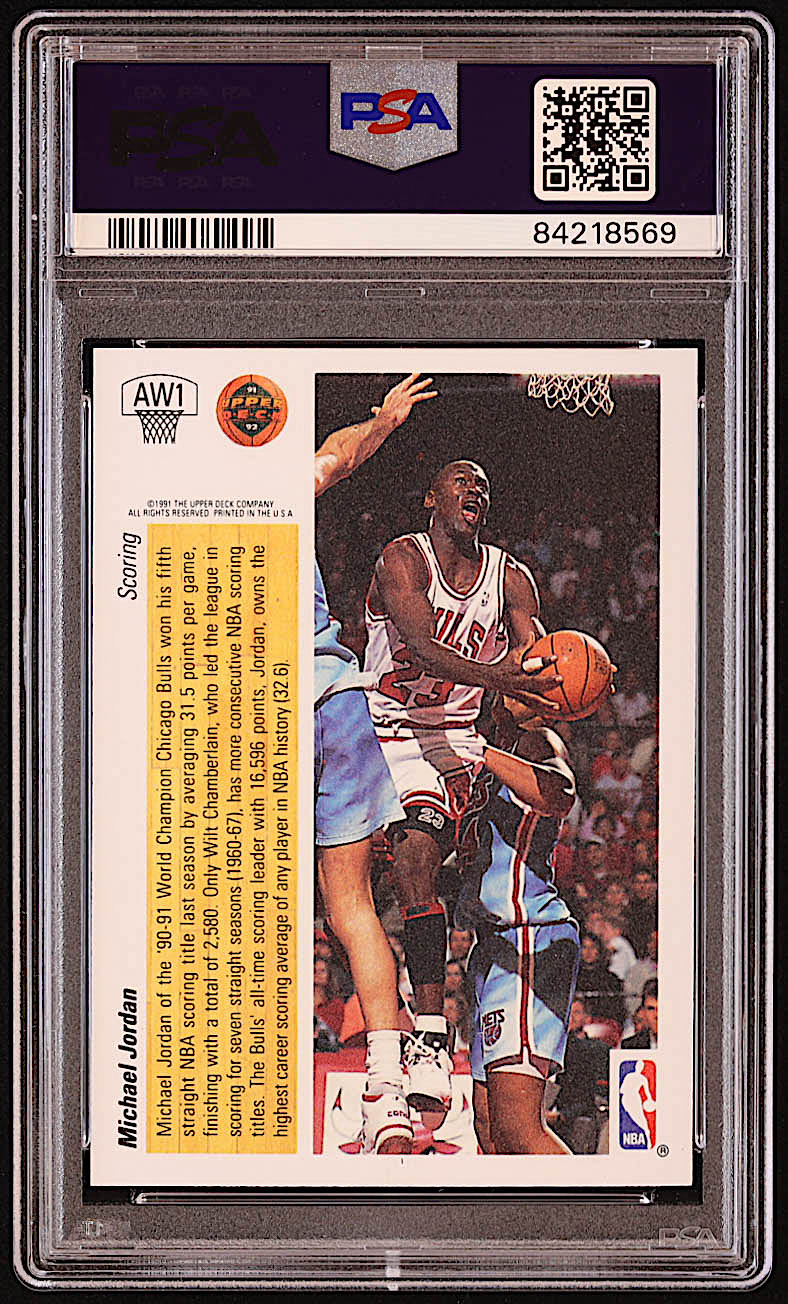 Michael Jordan 1991-92 Upper Deck Award Winner Holograms #AW1 / Scoring Leader (PSA 8) at PristineAuction.com Michael Jordan 1991-92 Upper Deck Award Winner Holograms #AW1 / Scoring Leader (PSA 8) at PristineAuction.com