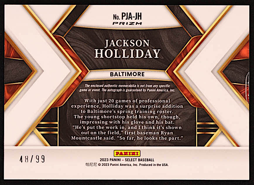 Jackson Holliday 2023 Select Rookie Jersey Autographs Prizms Silver #9 RC #48/99 at PristineAuction.com Jackson Holliday 2023 Select Rookie Jersey Autographs Prizms Silver #9 RC #48/99 at PristineAuction.com