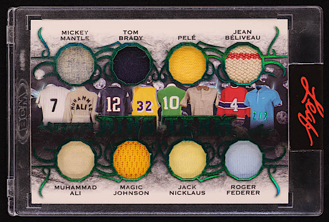 Mickey Mantle / Tom Brady / Pele / Jean Beliveau / Muhammad Ali / Magic Johnson / Jack Nicklaus / Roger Federer 2021 Leaf Ultimate Sports Ring Team Memorabilia Emerald Spectrum #RT08 #2/2 at PristineAuction.com Mickey Mantle / Tom Brady / Pele / Jean Beliveau / Muhammad Ali / Magic Johnson / Jack Nicklaus / Roger Federer 2021 Leaf Ultimate Sports Ring Team Memorabilia Emerald Spectrum #RT08 #2/2 at PristineAuction.com