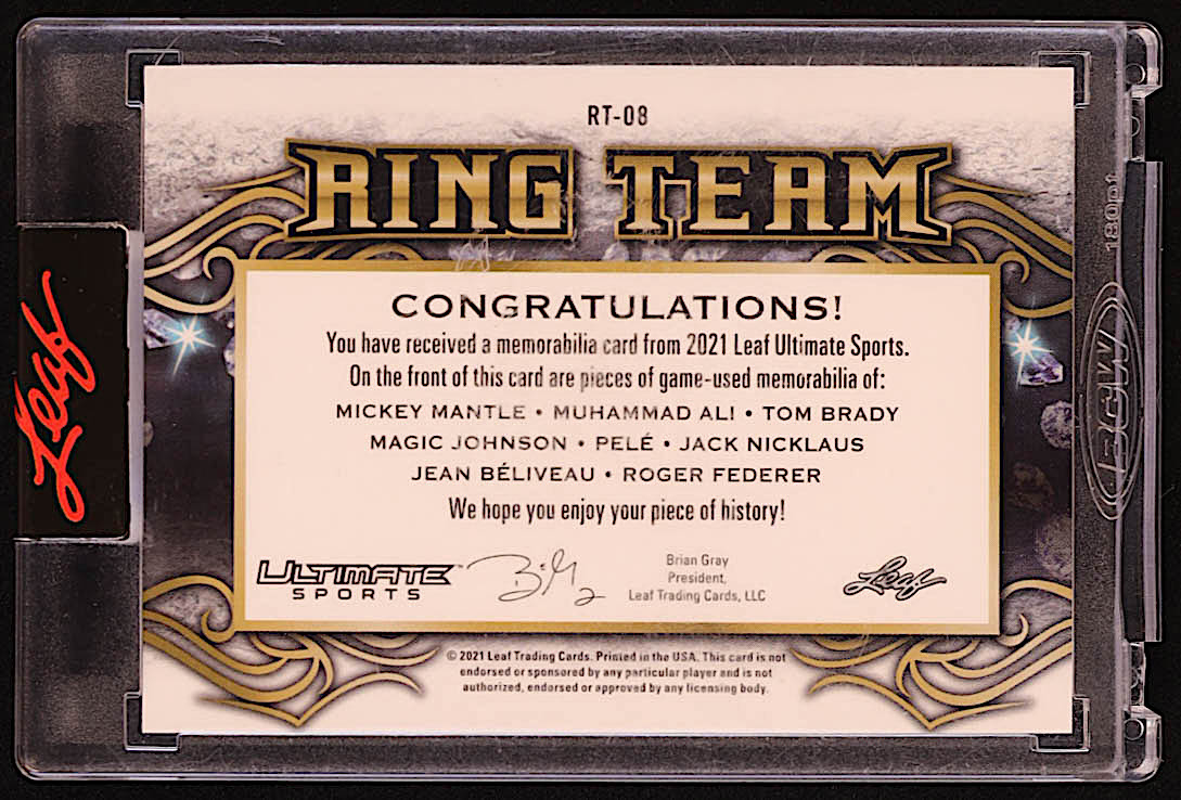 Mickey Mantle / Tom Brady / Pele / Jean Beliveau / Muhammad Ali / Magic Johnson / Jack Nicklaus / Roger Federer 2021 Leaf Ultimate Sports Ring Team Memorabilia Emerald Spectrum #RT08 #2/2 at PristineAuction.com Mickey Mantle / Tom Brady / Pele / Jean Beliveau / Muhammad Ali / Magic Johnson / Jack Nicklaus / Roger Federer 2021 Leaf Ultimate Sports Ring Team Memorabilia Emerald Spectrum #RT08 #2/2 at PristineAuction.com