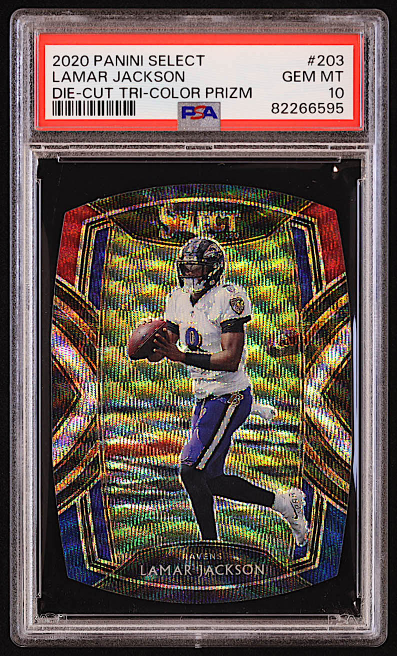 Lamar Jackson 2020 Select Prizm Tri Color Die Cut #203 RC (PSA 10) at PristineAuction.com Lamar Jackson 2020 Select Prizm Tri Color Die Cut #203 RC (PSA 10) at PristineAuction.com