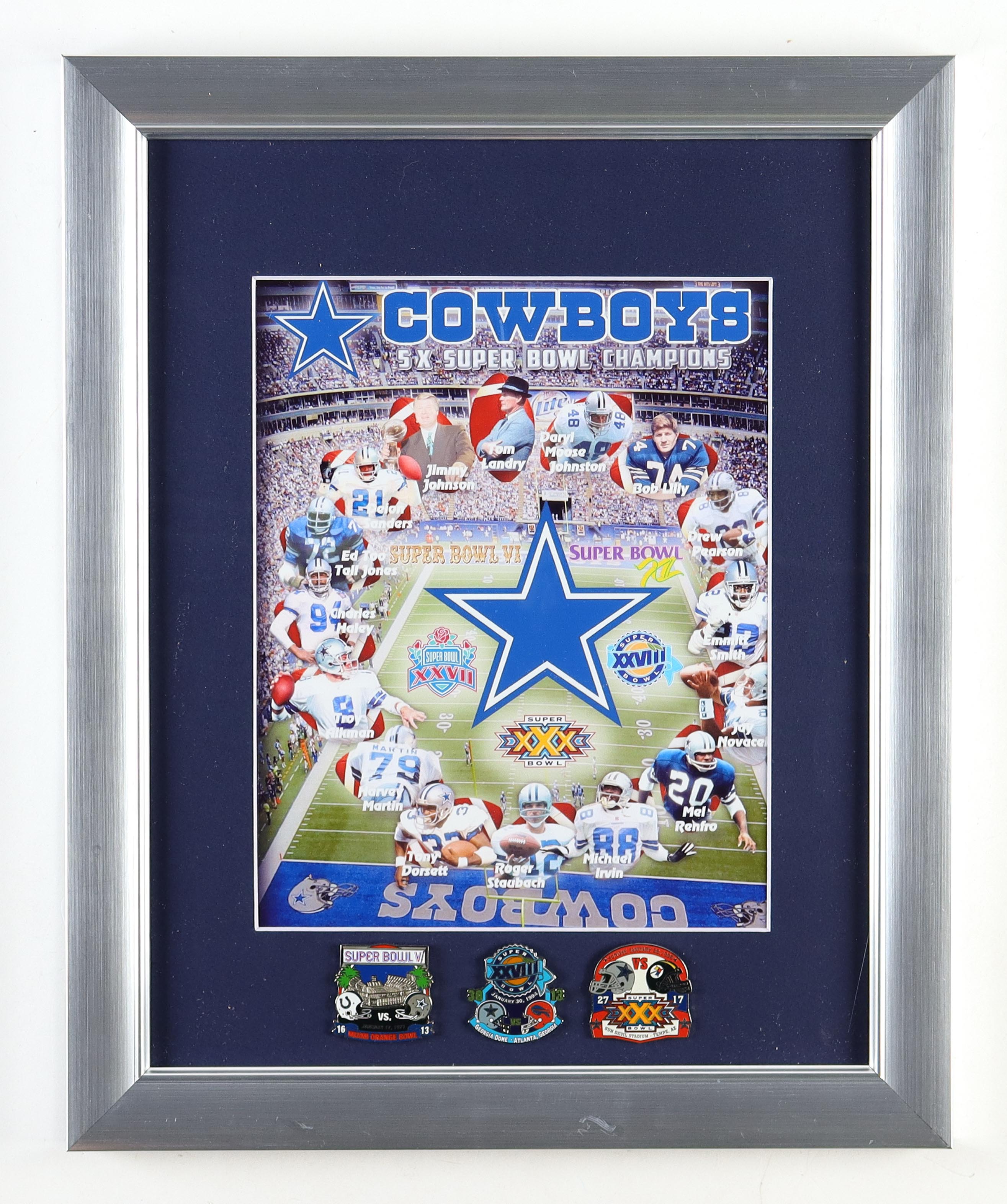 Cowboys "5x Super Bowl Champions" Custom Framed Photo Display With Official Super Bowl V, XXVIII & XXX Pins at PristineAuction.com Cowboys "5x Super Bowl Champions" Custom Framed Photo Display With Official Super Bowl V, XXVIII & XXX Pins at PristineAuction.com