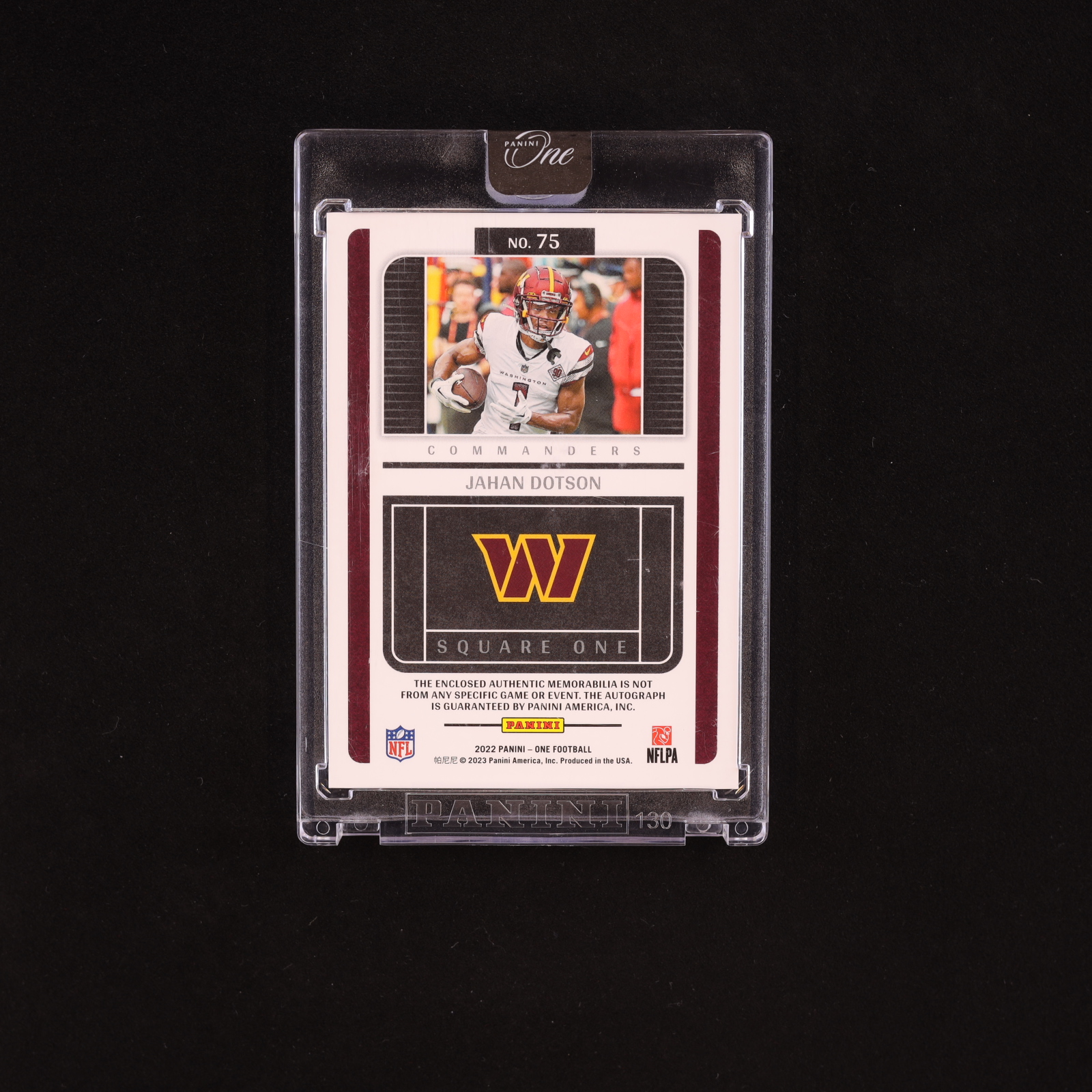 Jahan Dotson 2022 Panini One Platinum #75 Jersey Autograph RC #3/5 at PristineAuction.com Jahan Dotson 2022 Panini One Platinum #75 Jersey Autograph RC #3/5 at PristineAuction.com