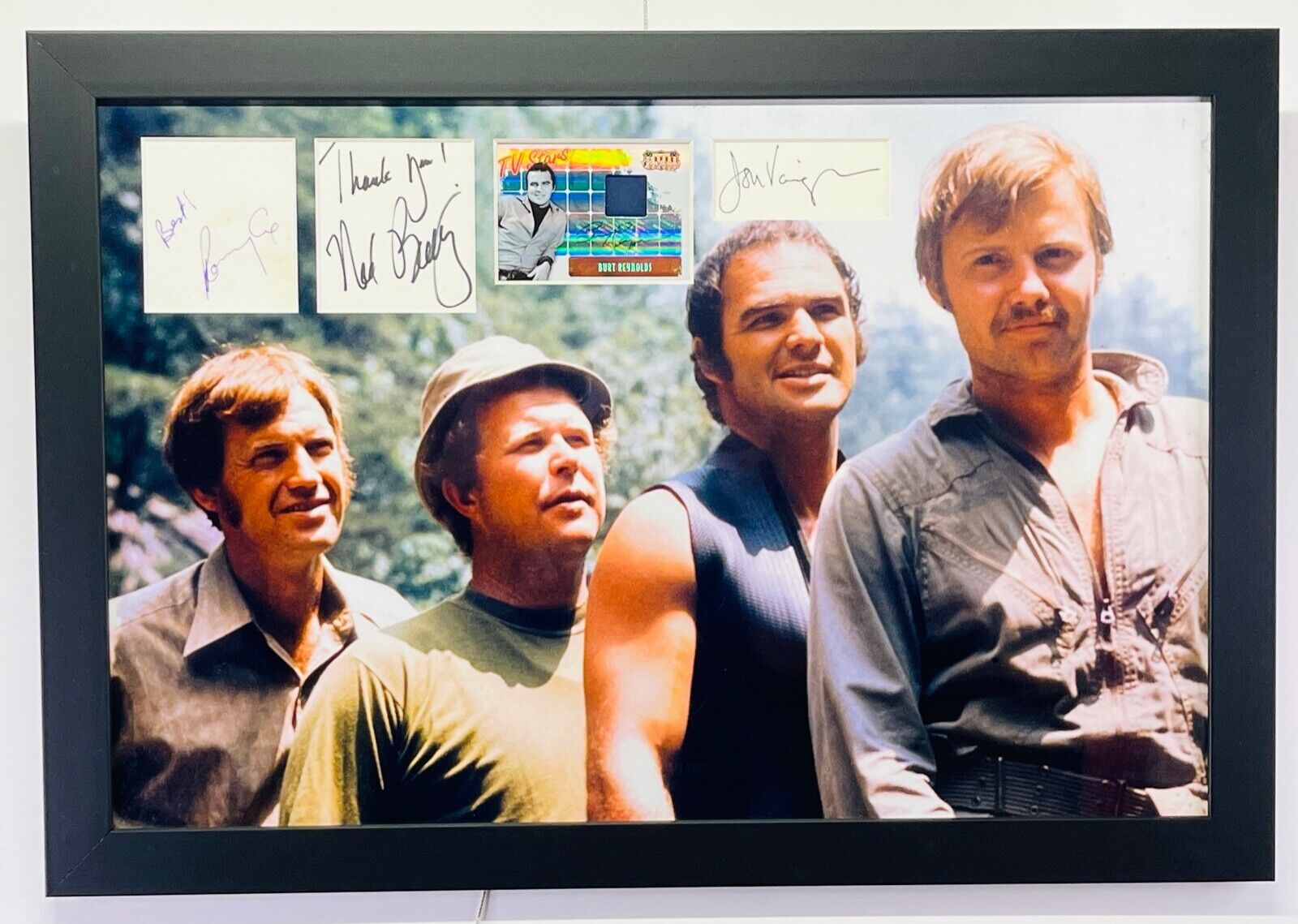 "Deliverance" Custom Framed Photo and Card Display Signed By (4) with Burt Reynolds, Ned Beatty, Jon Voight & Ronny Cox (JSA) at PristineAuction.com "Deliverance" Custom Framed Photo and Card Display Signed By (4) with Burt Reynolds, Ned Beatty, Jon Voight & Ronny Cox (JSA) at PristineAuction.com