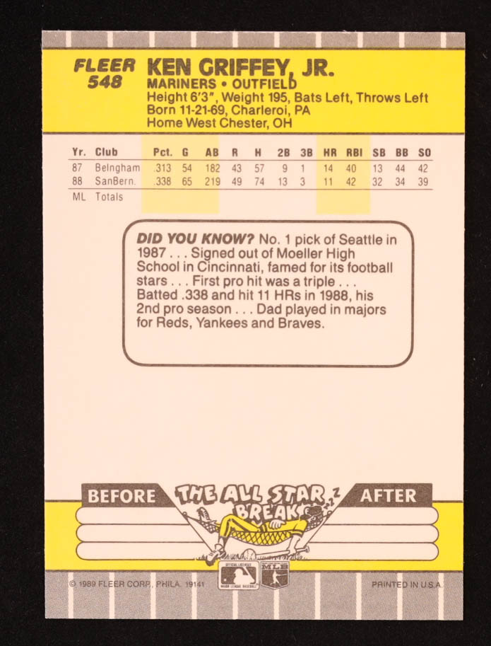 Ken Griffey Jr. 1989 Fleer #548 RC at PristineAuction.com Ken Griffey Jr. 1989 Fleer #548 RC at PristineAuction.com