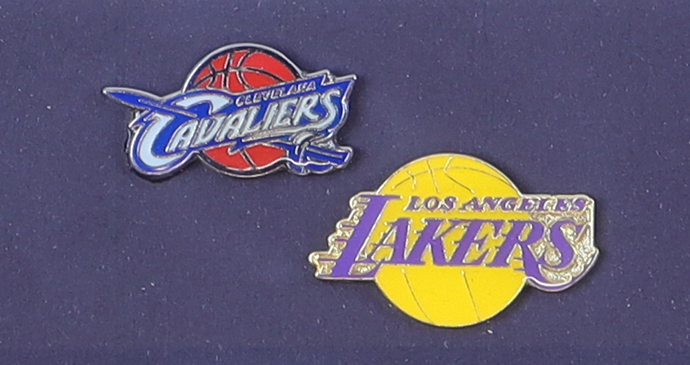 Kobe Bryant & LeBron James Custom Framed Photo Display with Official Cavaliers & Lakers Metal Logo Pins at PristineAuction.com Kobe Bryant & LeBron James Custom Framed Photo Display with Official Cavaliers & Lakers Metal Logo Pins at PristineAuction.com