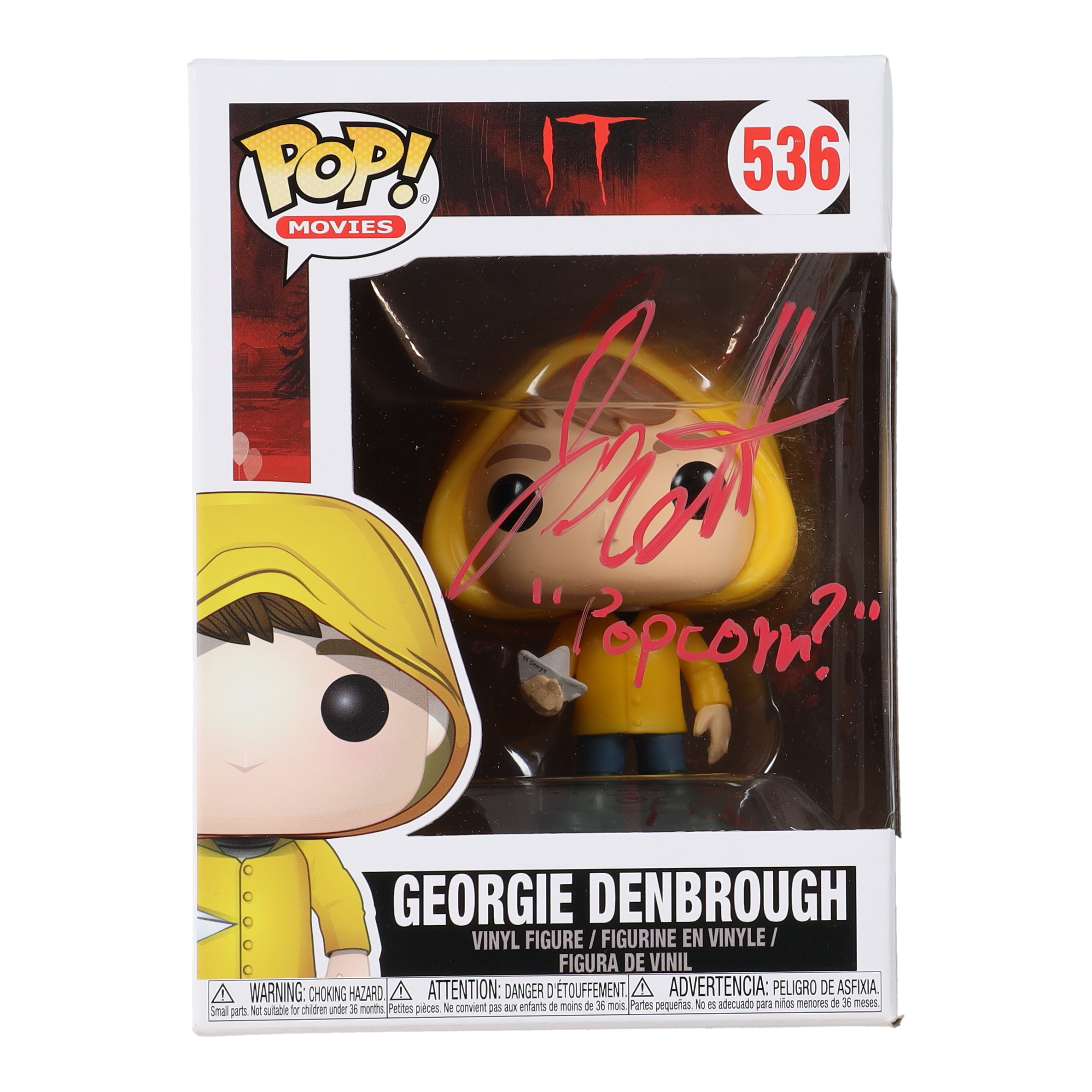 Jackson Robert Scott Signed "IT" #536 Georgie Funko Pop! Inscribed "Popcorn?" (Beckett) at PristineAuction.com Jackson Robert Scott Signed "IT" #536 Georgie Funko Pop! Inscribed "Popcorn?" (Beckett) at PristineAuction.com