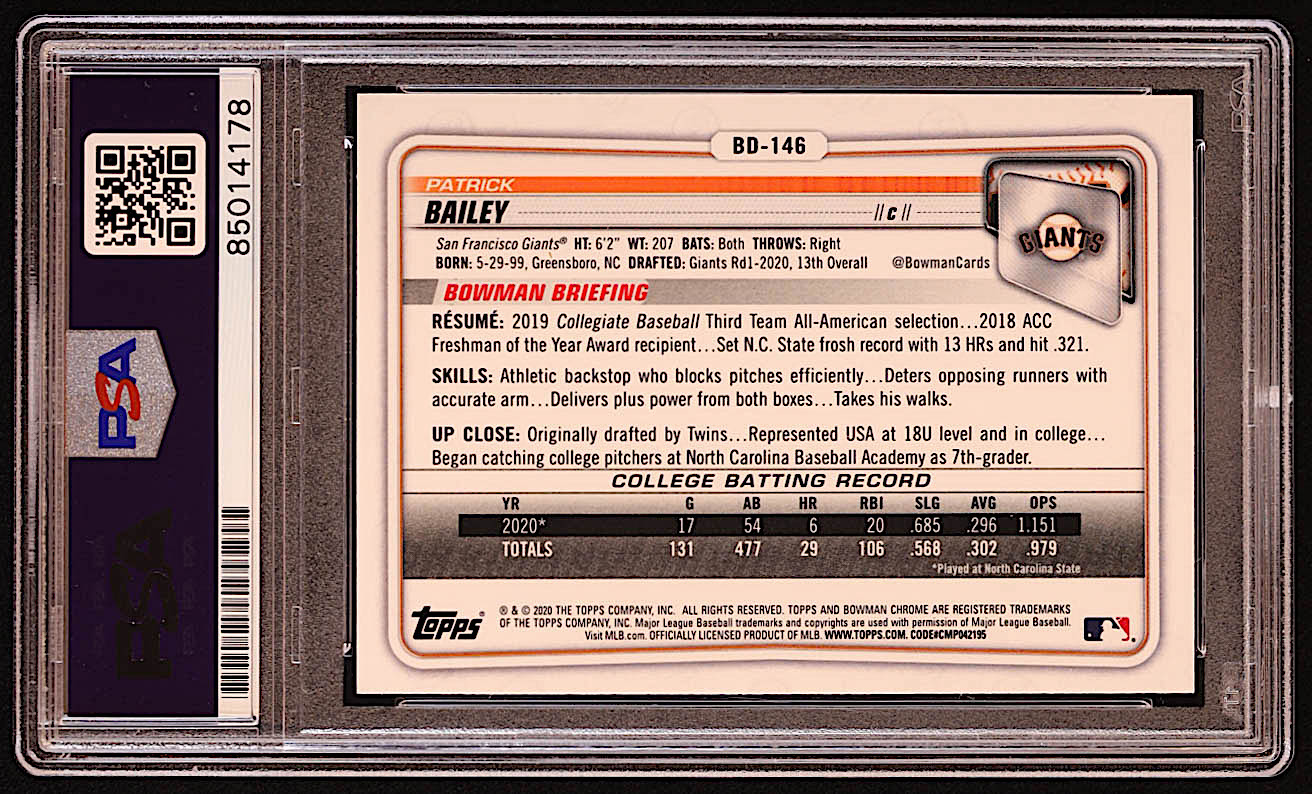 Patrick Bailey Signed 2020 Bowman Chrome Draft #BD146 RC (PSA) at PristineAuction.com Patrick Bailey Signed 2020 Bowman Chrome Draft #BD146 RC (PSA) at PristineAuction.com