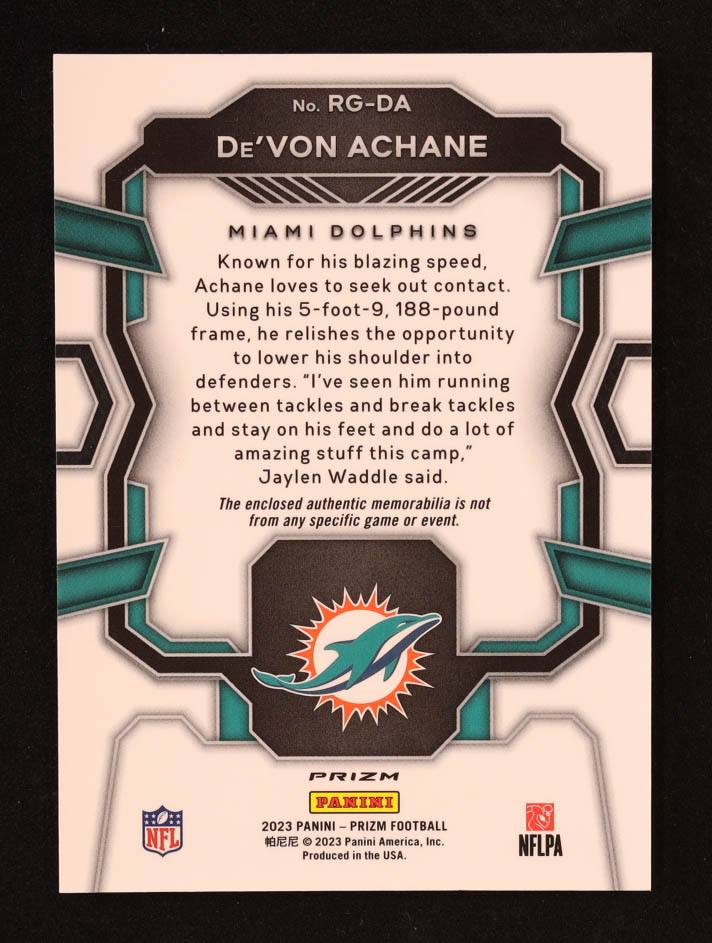 De'Von Achane 2023 Panini Prizm Rookie Gear #10 RC at PristineAuction.com De'Von Achane 2023 Panini Prizm Rookie Gear #10 RC at PristineAuction.com