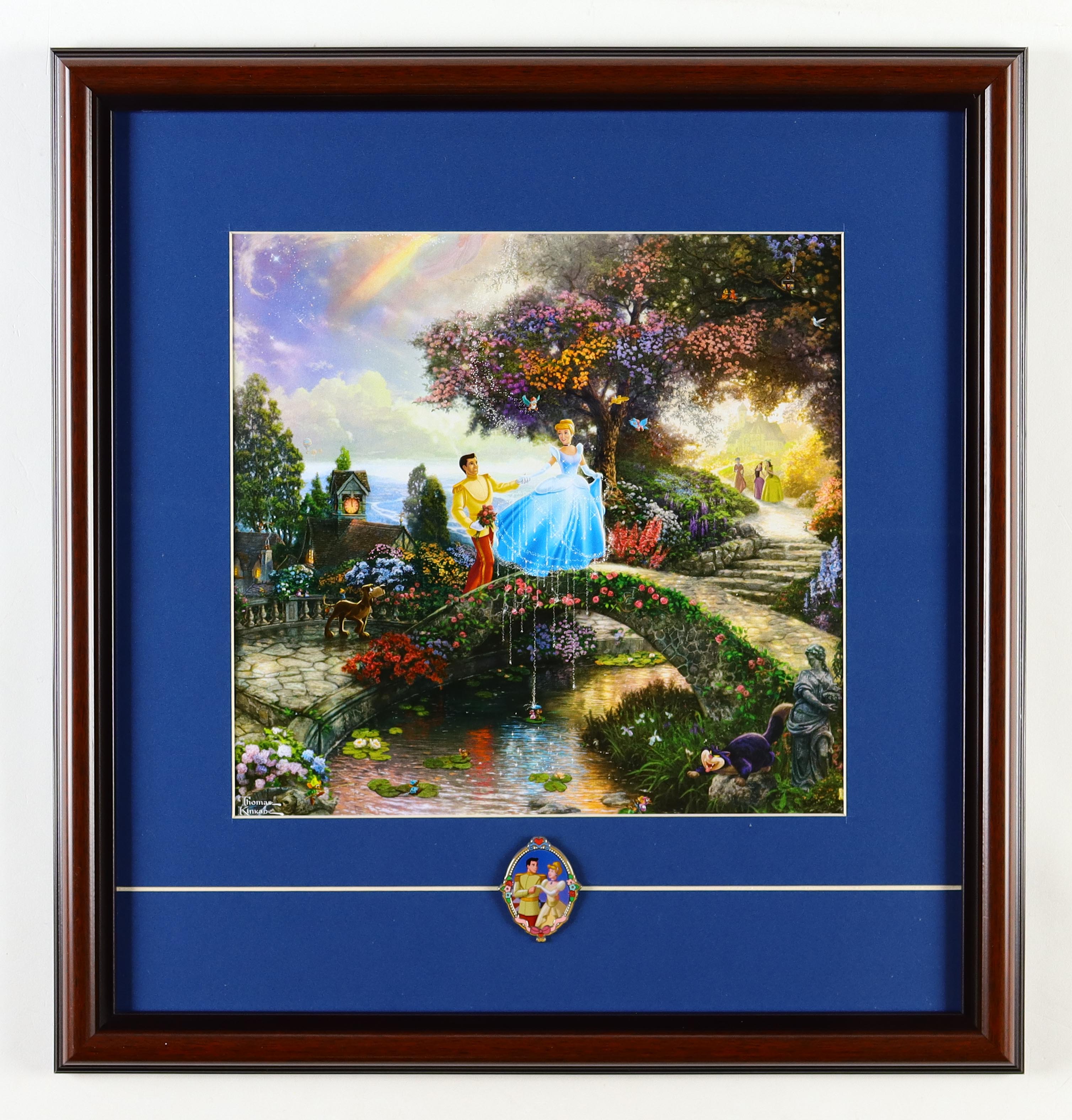 Thomas Kinkade "Cinderella" Custom Framed Print Display with Cinderella & Prince Charming Pin at PristineAuction.com Thomas Kinkade "Cinderella" Custom Framed Print Display with Cinderella & Prince Charming Pin at PristineAuction.com