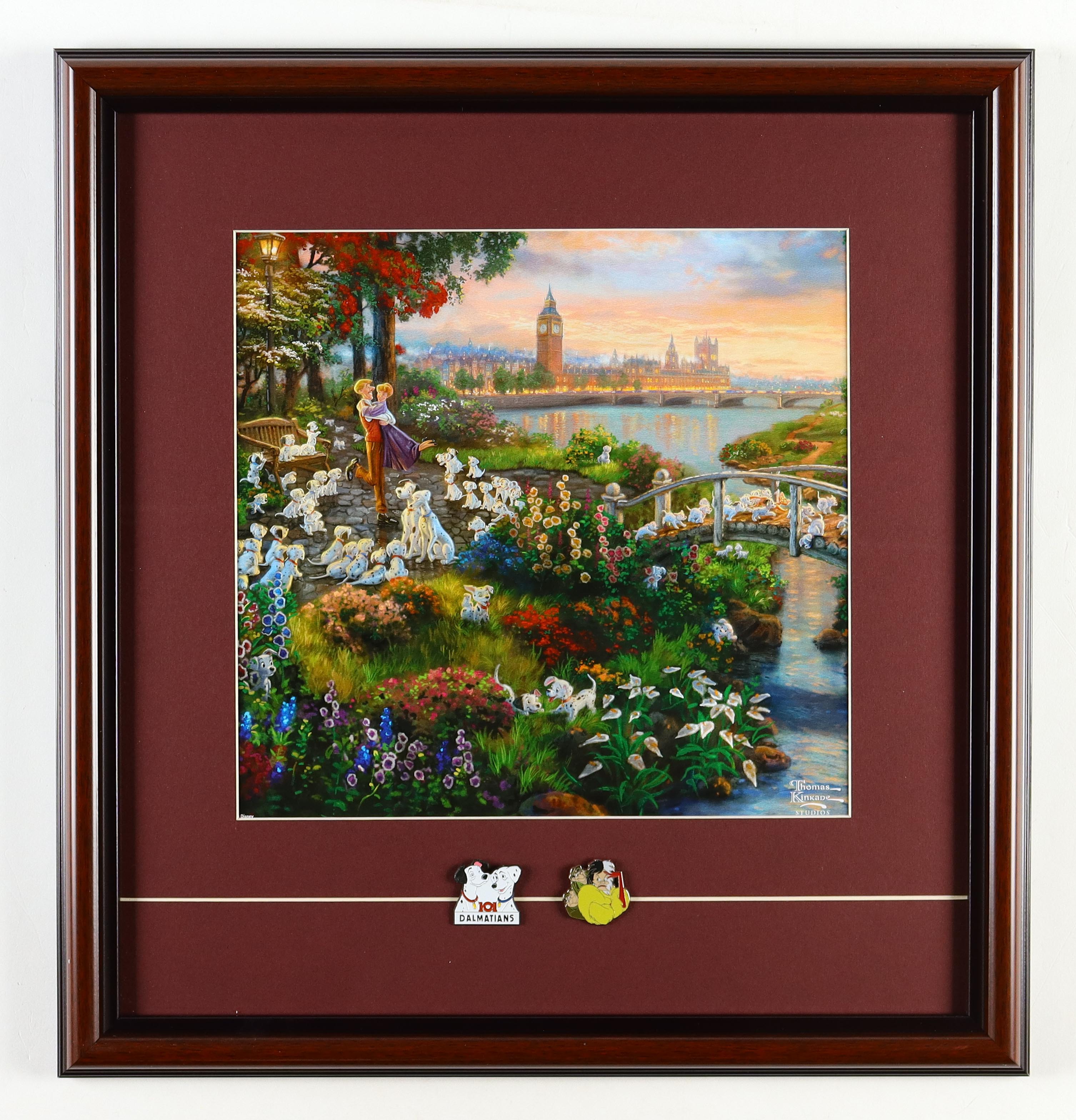Thomas Kinkade "101 Dalmatians" Custom Framed Print Display with (2) Character Figure Pins at PristineAuction.com Thomas Kinkade "101 Dalmatians" Custom Framed Print Display with (2) Character Figure Pins at PristineAuction.com