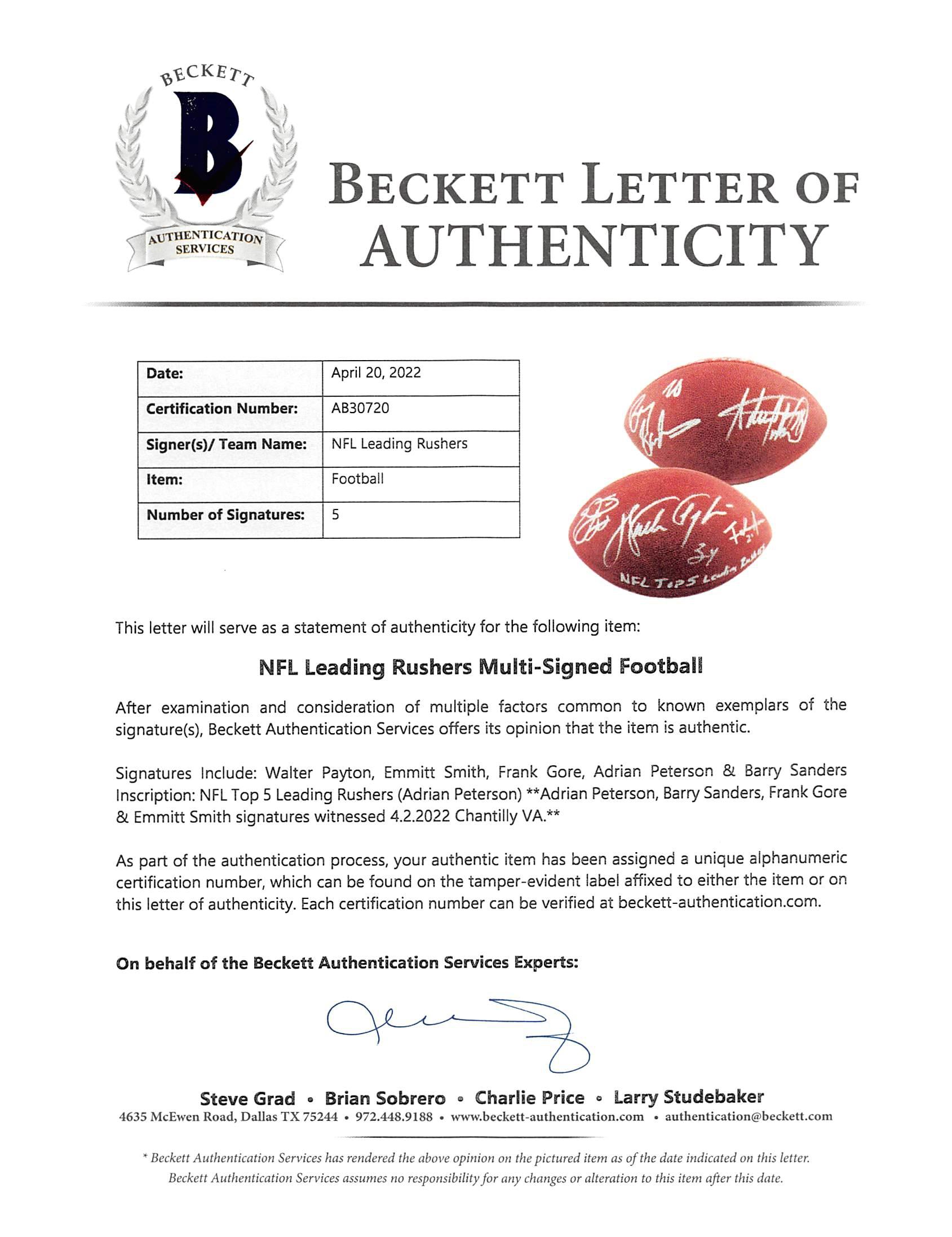 NFL Leading Rushers NFL Football Signed By (5) with Walter Payton, Emmitt Smith, Barry Sanders, Frank Gore & Adrian Peterson (Beckett) at PristineAuction.com NFL Leading Rushers NFL Football Signed By (5) with Walter Payton, Emmitt Smith, Barry Sanders, Frank Gore & Adrian Peterson (Beckett) at PristineAuction.com