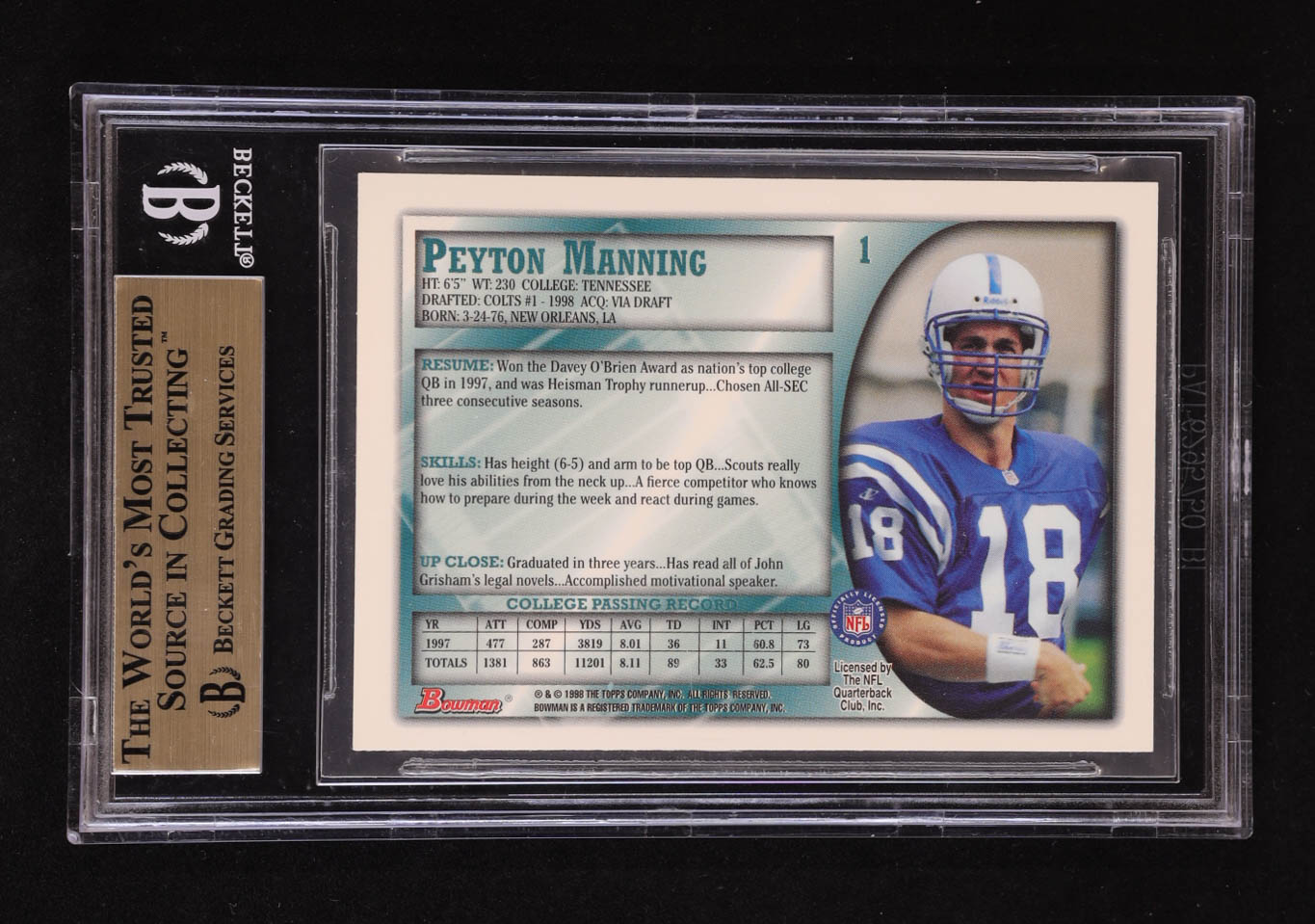 Peyton Manning 1998 Bowman #1 RC (BGS 9.5) at PristineAuction.com Peyton Manning 1998 Bowman #1 RC (BGS 9.5) at PristineAuction.com