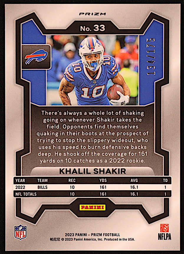 Khalil Shakir 2023 Panini Prizm Prizms Hyper #33 #134/175 at PristineAuction.com Khalil Shakir 2023 Panini Prizm Prizms Hyper #33 #134/175 at PristineAuction.com
