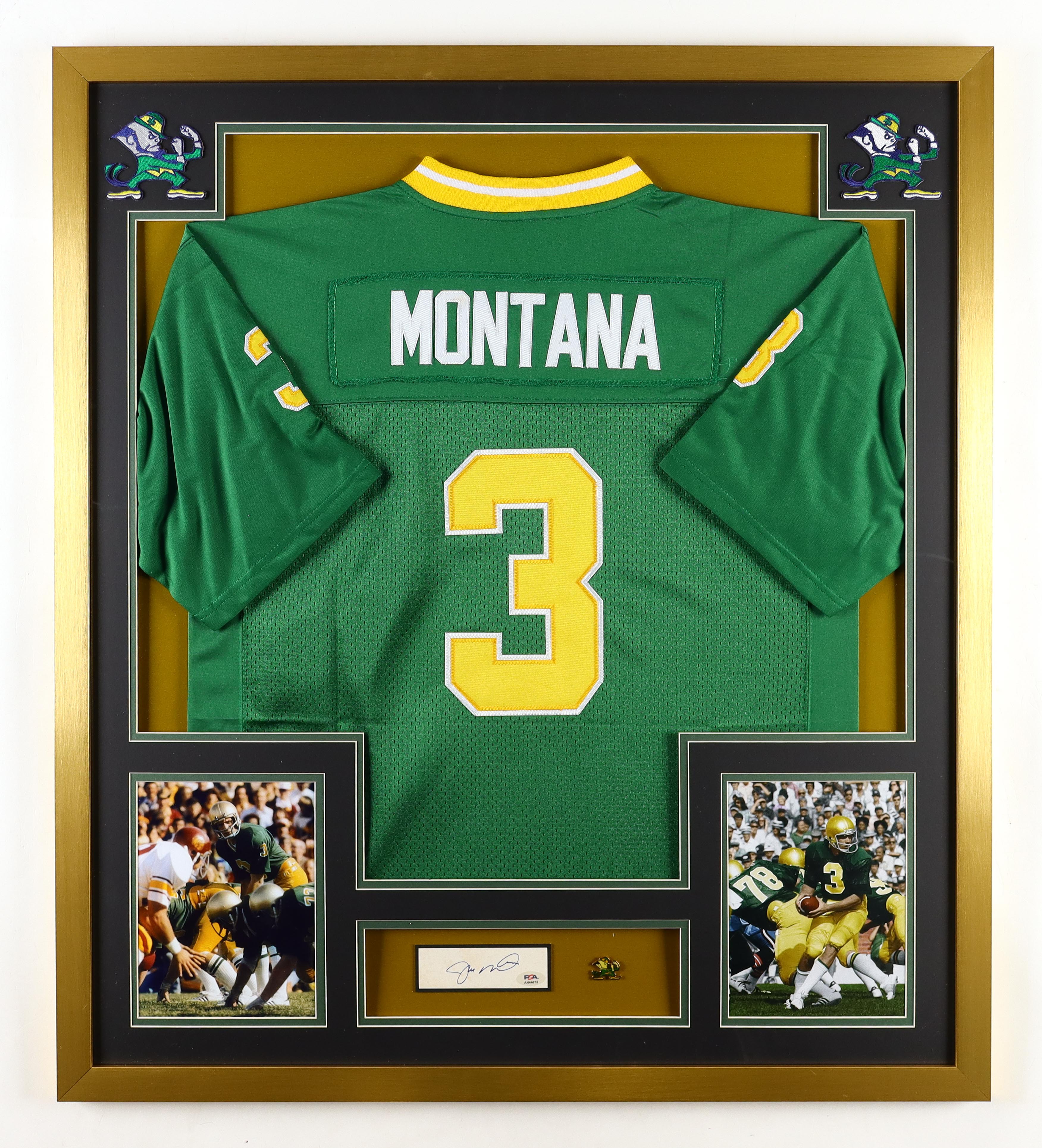 Joe Montana Signed Custom Framed Cut Display With Jersey, Team Logo Pin & (2) Cloth Logo Patches (PSA) at PristineAuction.com Joe Montana Signed Custom Framed Cut Display With Jersey, Team Logo Pin & (2) Cloth Logo Patches (PSA) at PristineAuction.com