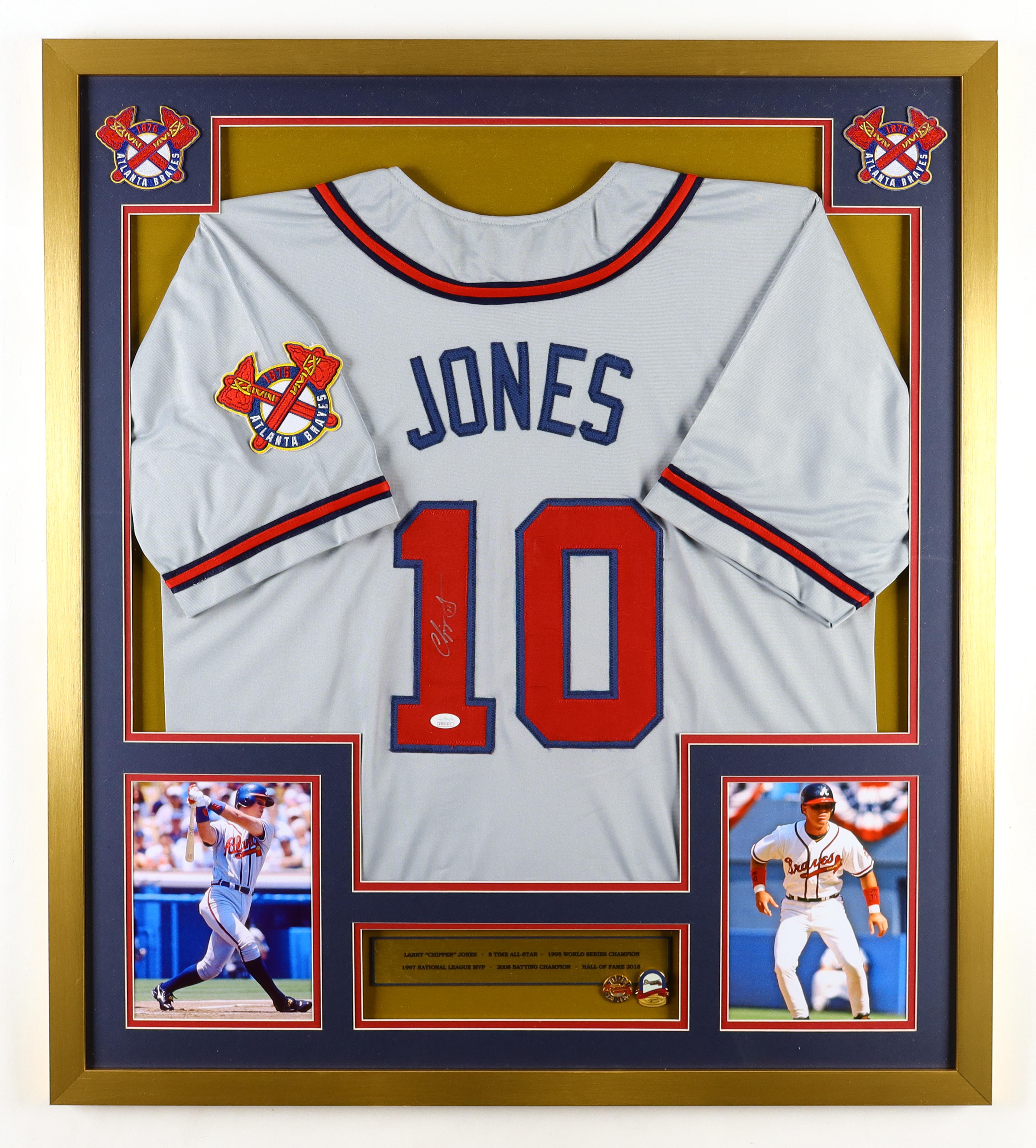Chipper Jones Signed Custom Framed Jersey Display With (2) Official World Series Pins & (2) Cloth Team Patches (JSA) at PristineAuction.com Chipper Jones Signed Custom Framed Jersey Display With (2) Official World Series Pins & (2) Cloth Team Patches (JSA) at PristineAuction.com