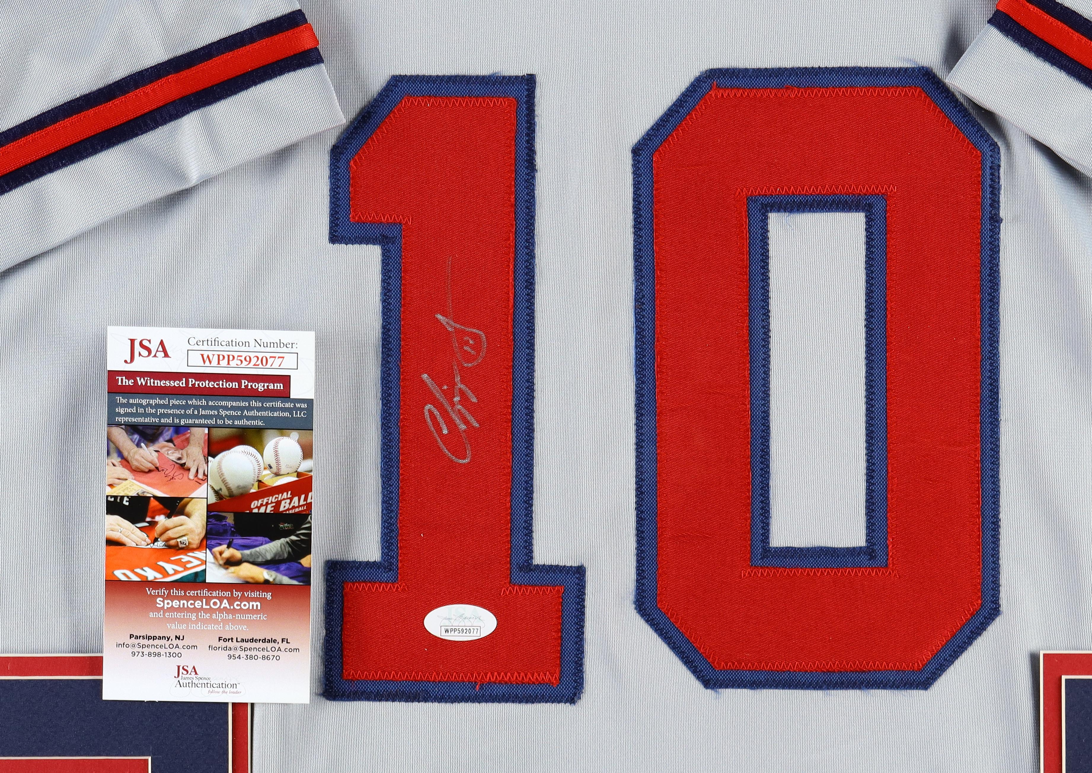 Chipper Jones Signed Custom Framed Jersey Display With (2) Official World Series Pins & (2) Cloth Team Patches (JSA) at PristineAuction.com Chipper Jones Signed Custom Framed Jersey Display With (2) Official World Series Pins & (2) Cloth Team Patches (JSA) at PristineAuction.com