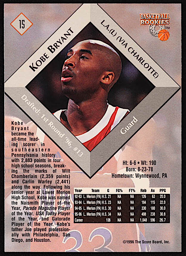 Kobe Bryant 1996 Score Board Autographed BK #15 RC at PristineAuction.com Kobe Bryant 1996 Score Board Autographed BK #15 RC at PristineAuction.com