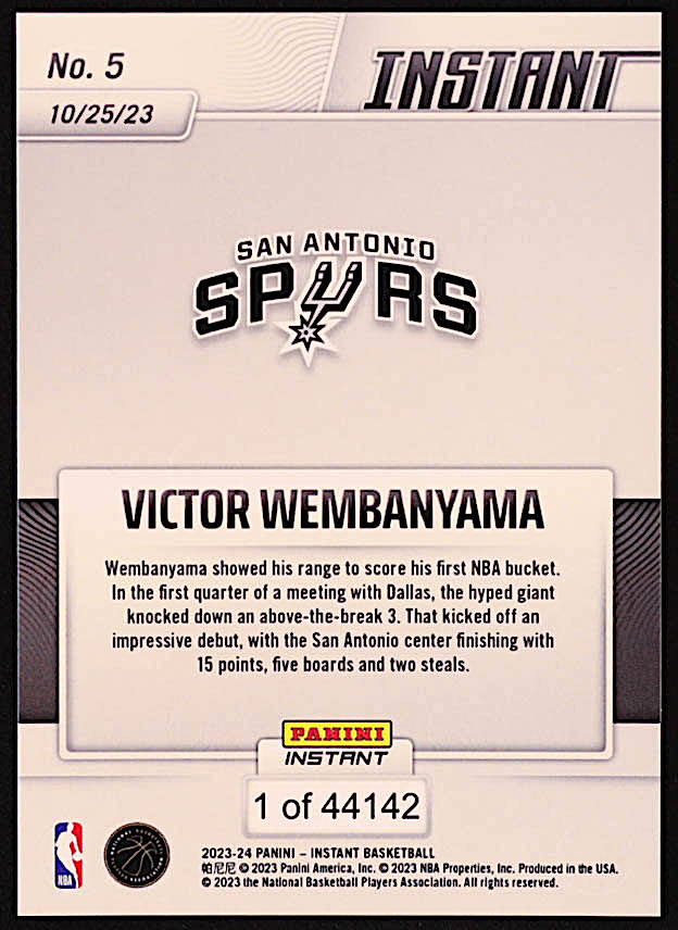 Victor Wembanyama 2023-24 Panini Instant #5 RC at PristineAuction.com Victor Wembanyama 2023-24 Panini Instant #5 RC at PristineAuction.com