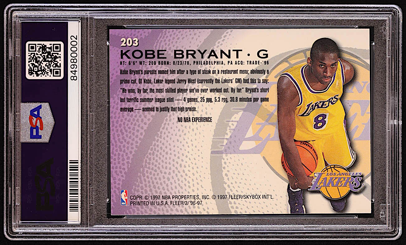 Kobe Bryant 1996-97 Fleer #203 RC (PSA 8) at PristineAuction.com Kobe Bryant 1996-97 Fleer #203 RC (PSA 8) at PristineAuction.com
