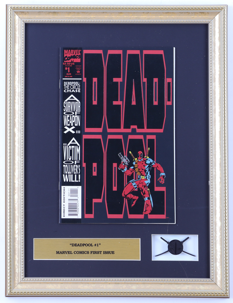 Vintage 1993 "Deadpool" Issue #1 Marvel Custom Framed First Issue Comic Book Display With Character Emblem at PristineAuction.com Vintage 1993 "Deadpool" Issue #1 Marvel Custom Framed First Issue Comic Book Display With Character Emblem at PristineAuction.com