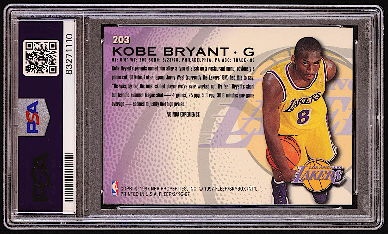 Kobe Bryant 1996-97 Fleer #203 RC (PSA 8) at PristineAuction.com Kobe Bryant 1996-97 Fleer #203 RC (PSA 8) at PristineAuction.com