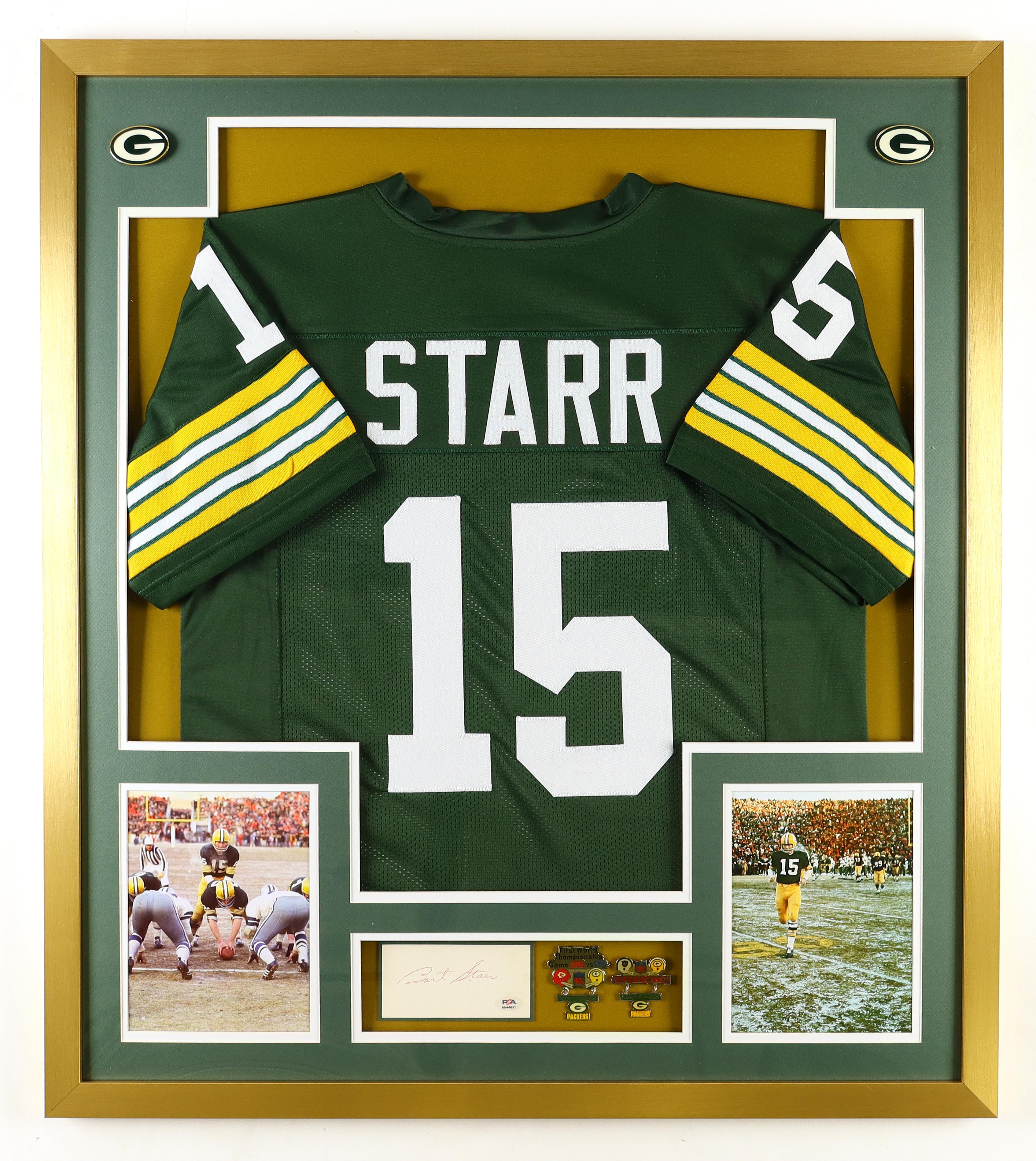 Bart Starr Signed Custom Framed Cut Display With Official Super Bowl I & II Pins & (2) Metal Team Badges (PSA) at PristineAuction.com Bart Starr Signed Custom Framed Cut Display With Official Super Bowl I & II Pins & (2) Metal Team Badges (PSA) at PristineAuction.com