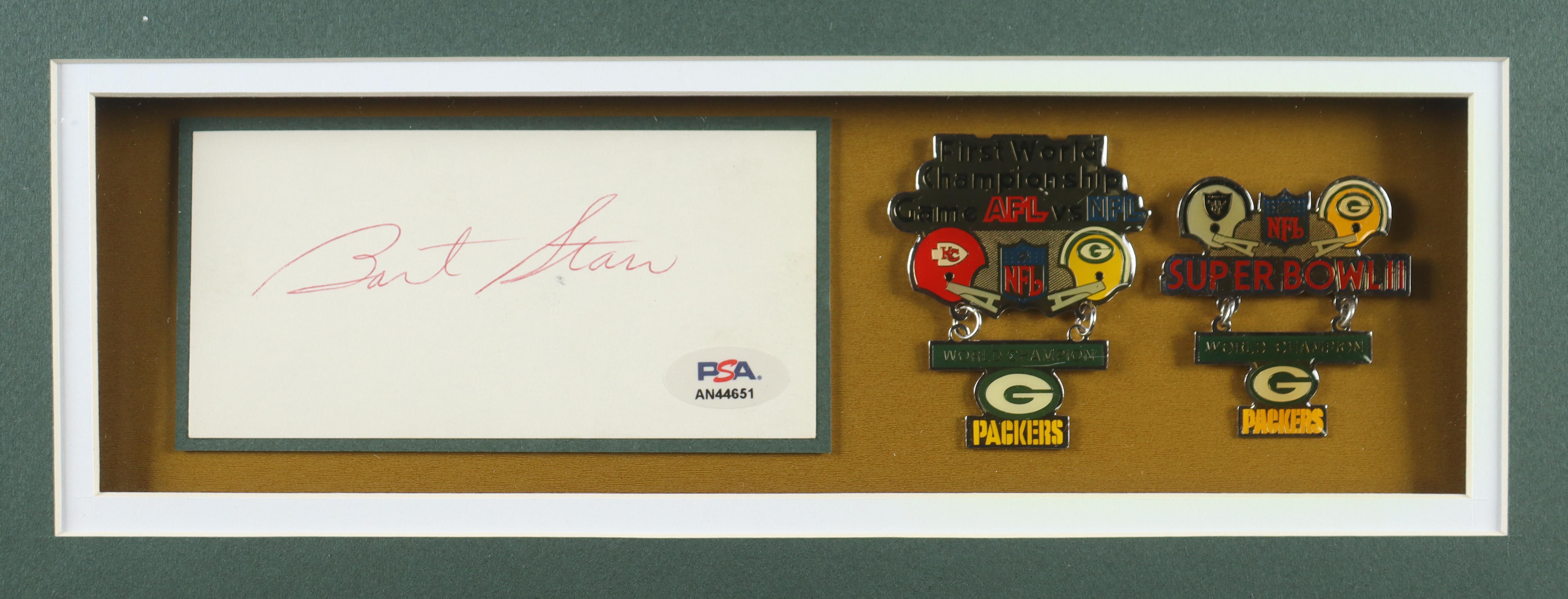 Bart Starr Signed Custom Framed Cut Display With Official Super Bowl I & II Pins & (2) Metal Team Badges (PSA) at PristineAuction.com Bart Starr Signed Custom Framed Cut Display With Official Super Bowl I & II Pins & (2) Metal Team Badges (PSA) at PristineAuction.com