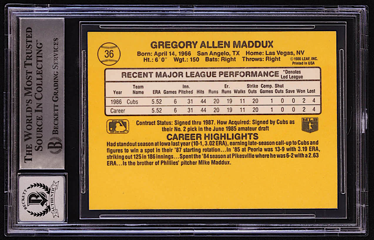 Greg Maddux Signed 1987 Donruss #36 RC (BGS | Autograph Graded BGS 10) at PristineAuction.com Greg Maddux Signed 1987 Donruss #36 RC (BGS | Autograph Graded BGS 10) at PristineAuction.com