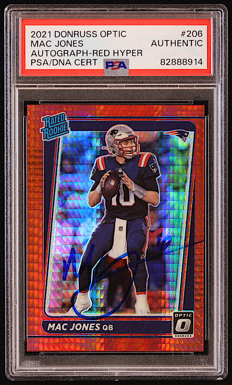 Mac Jones Signed 2021 Donruss Optic Red Hyper #206 RR RC (PSA) at PristineAuction.com Mac Jones Signed 2021 Donruss Optic Red Hyper #206 RR RC (PSA) at PristineAuction.com