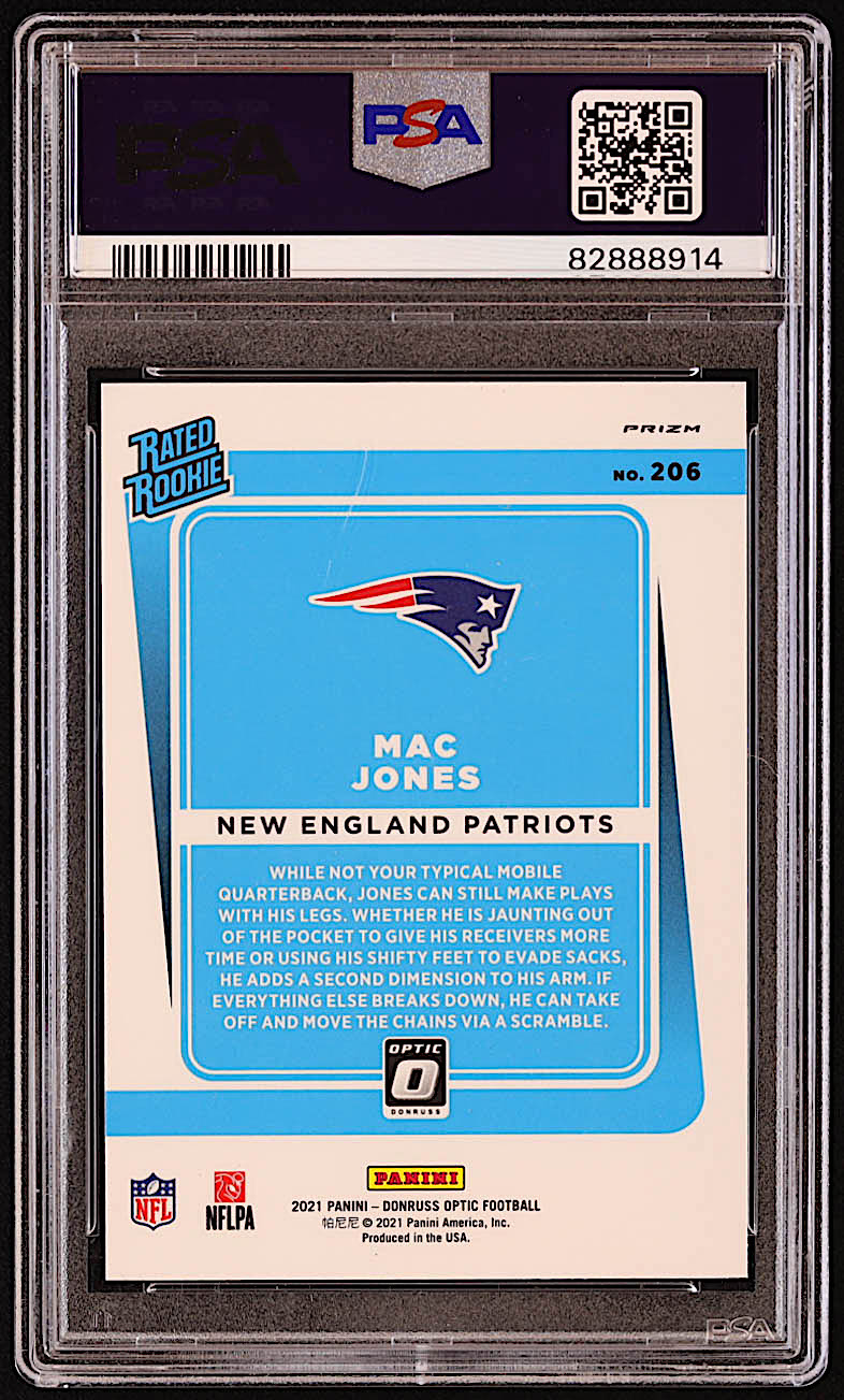 Mac Jones Signed 2021 Donruss Optic Red Hyper #206 RR RC (PSA) at PristineAuction.com Mac Jones Signed 2021 Donruss Optic Red Hyper #206 RR RC (PSA) at PristineAuction.com