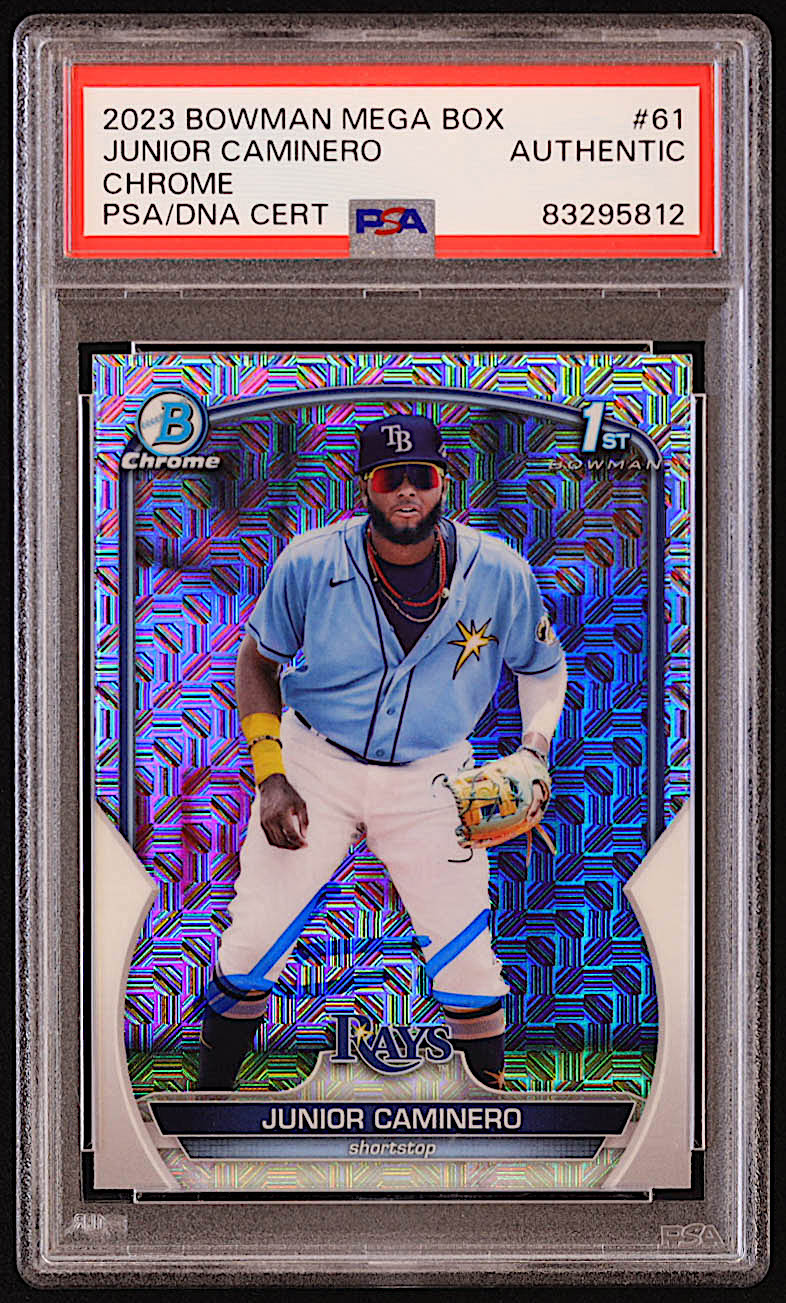Junior Caminero Signed 2023 Bowman Chrome Mega Box Prospects #BCP61 RC (PSA) at PristineAuction.com Junior Caminero Signed 2023 Bowman Chrome Mega Box Prospects #BCP61 RC (PSA) at PristineAuction.com