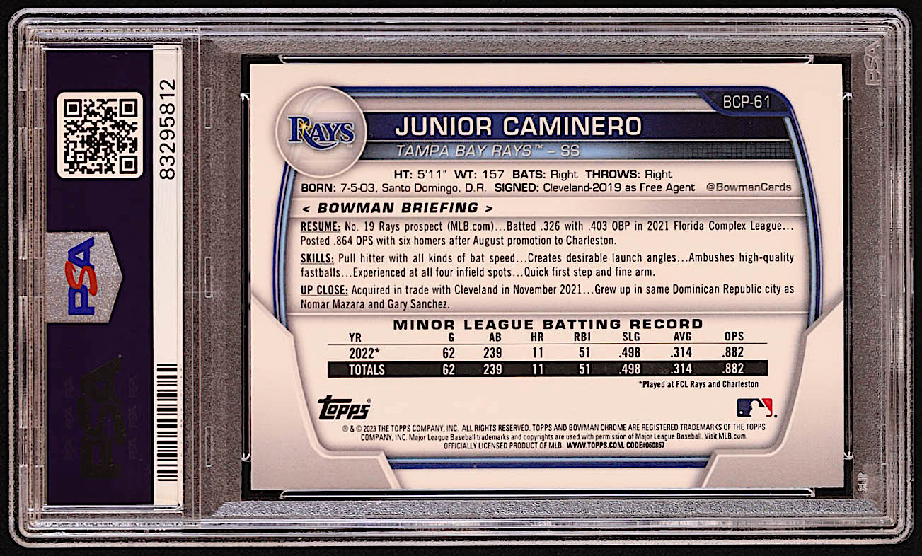 Junior Caminero Signed 2023 Bowman Chrome Mega Box Prospects #BCP61 RC (PSA) at PristineAuction.com Junior Caminero Signed 2023 Bowman Chrome Mega Box Prospects #BCP61 RC (PSA) at PristineAuction.com