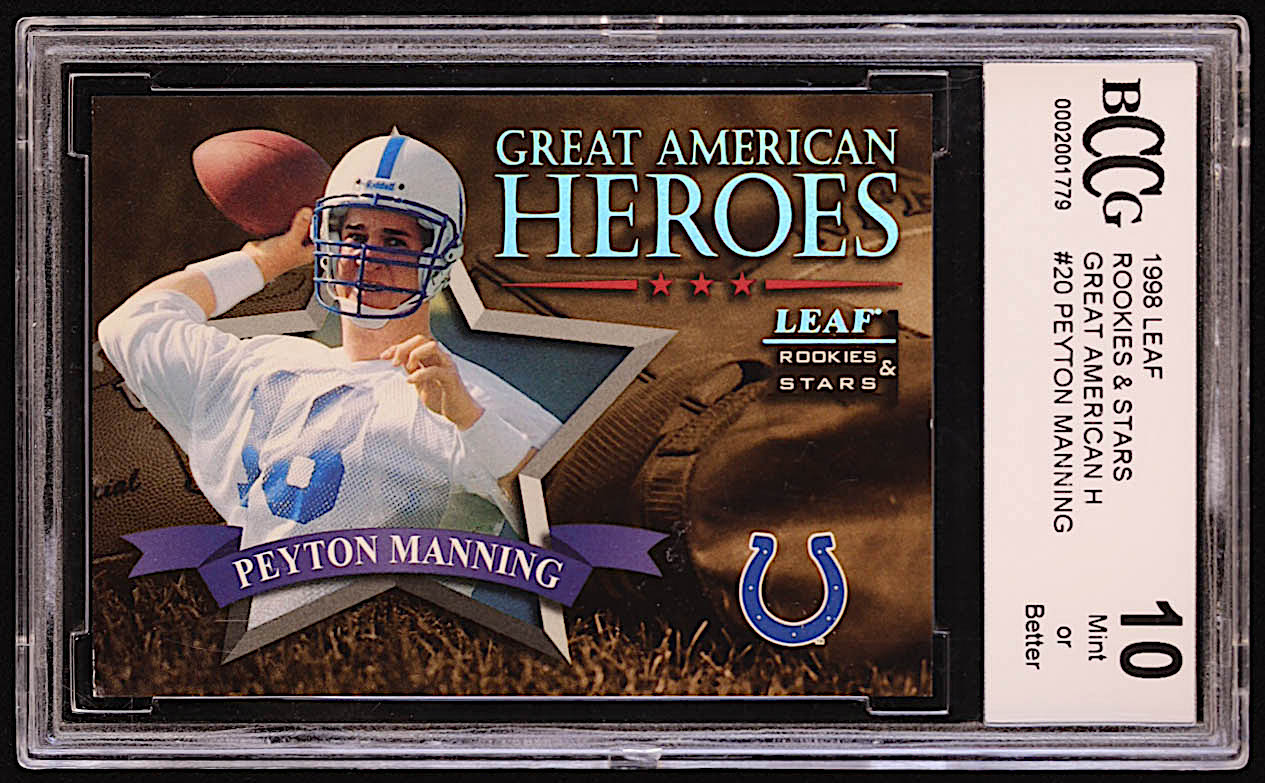 Peyton Manning 1998 Leaf Rookies and Stars Great American Heroes #20 RC #983/2500 (BCCG 10) at PristineAuction.com Peyton Manning 1998 Leaf Rookies and Stars Great American Heroes #20 RC #983/2500 (BCCG 10) at PristineAuction.com