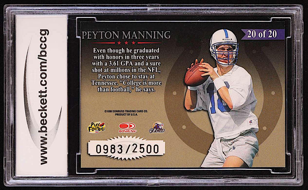 Peyton Manning 1998 Leaf Rookies and Stars Great American Heroes #20 RC #983/2500 (BCCG 10) at PristineAuction.com Peyton Manning 1998 Leaf Rookies and Stars Great American Heroes #20 RC #983/2500 (BCCG 10) at PristineAuction.com