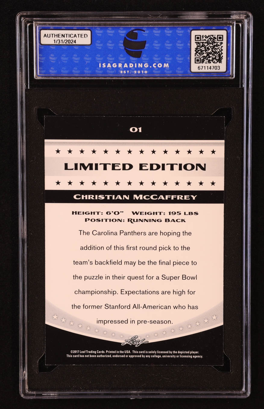 Christian McCaffrey 2017 Leaf Special Release Limited Edition #01 RC (ISA 10) at PristineAuction.com Christian McCaffrey 2017 Leaf Special Release Limited Edition #01 RC (ISA 10) at PristineAuction.com